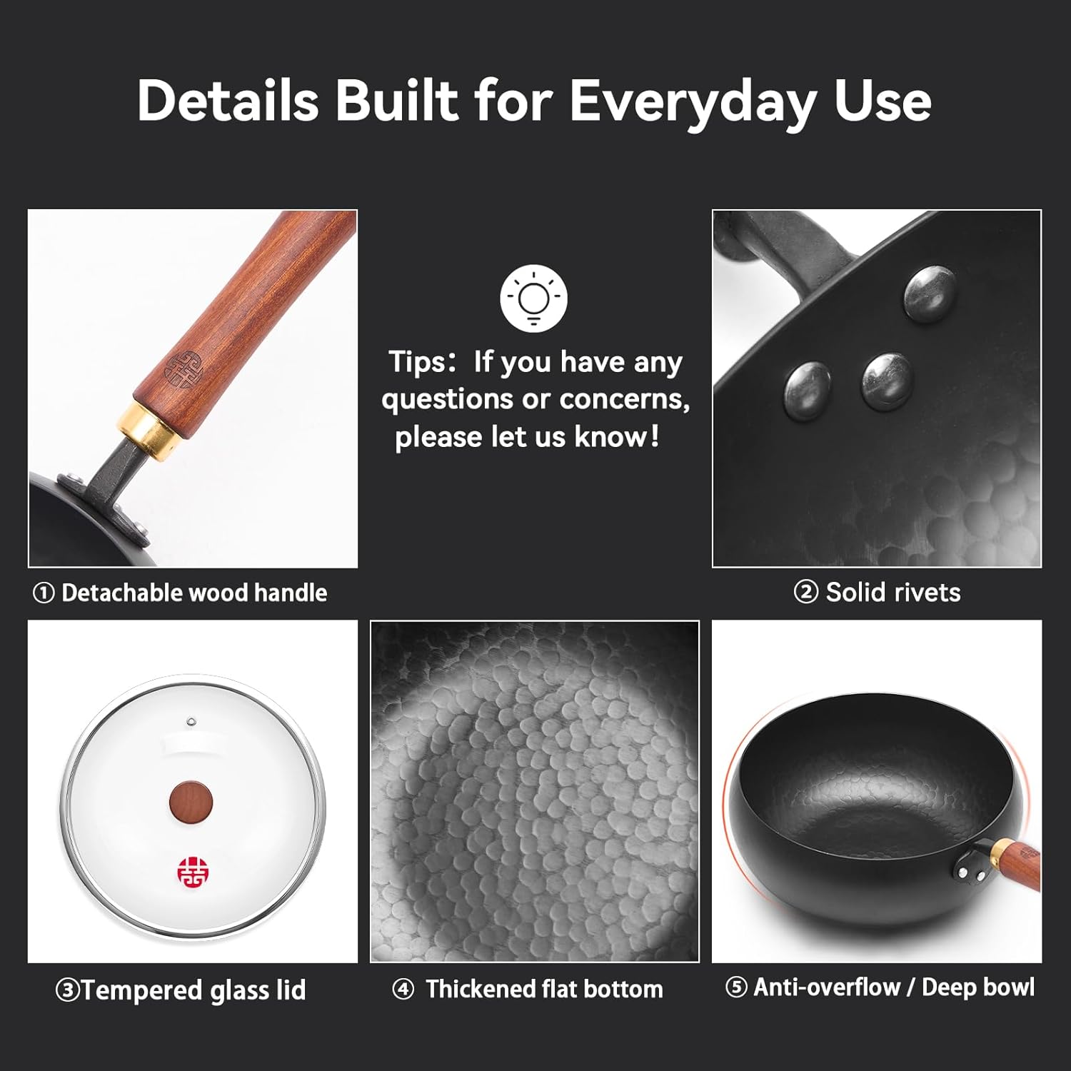 WANGYUANJI 9.5" Carbon Steel Wok - [Heavy-Duty & Thickened Base] - Deep Bowl Stir Fry Pan for Induction, Electric & Gas - Warp-Resistant, Splatter-Free Design with Lid (1-2 Person) - Image 7