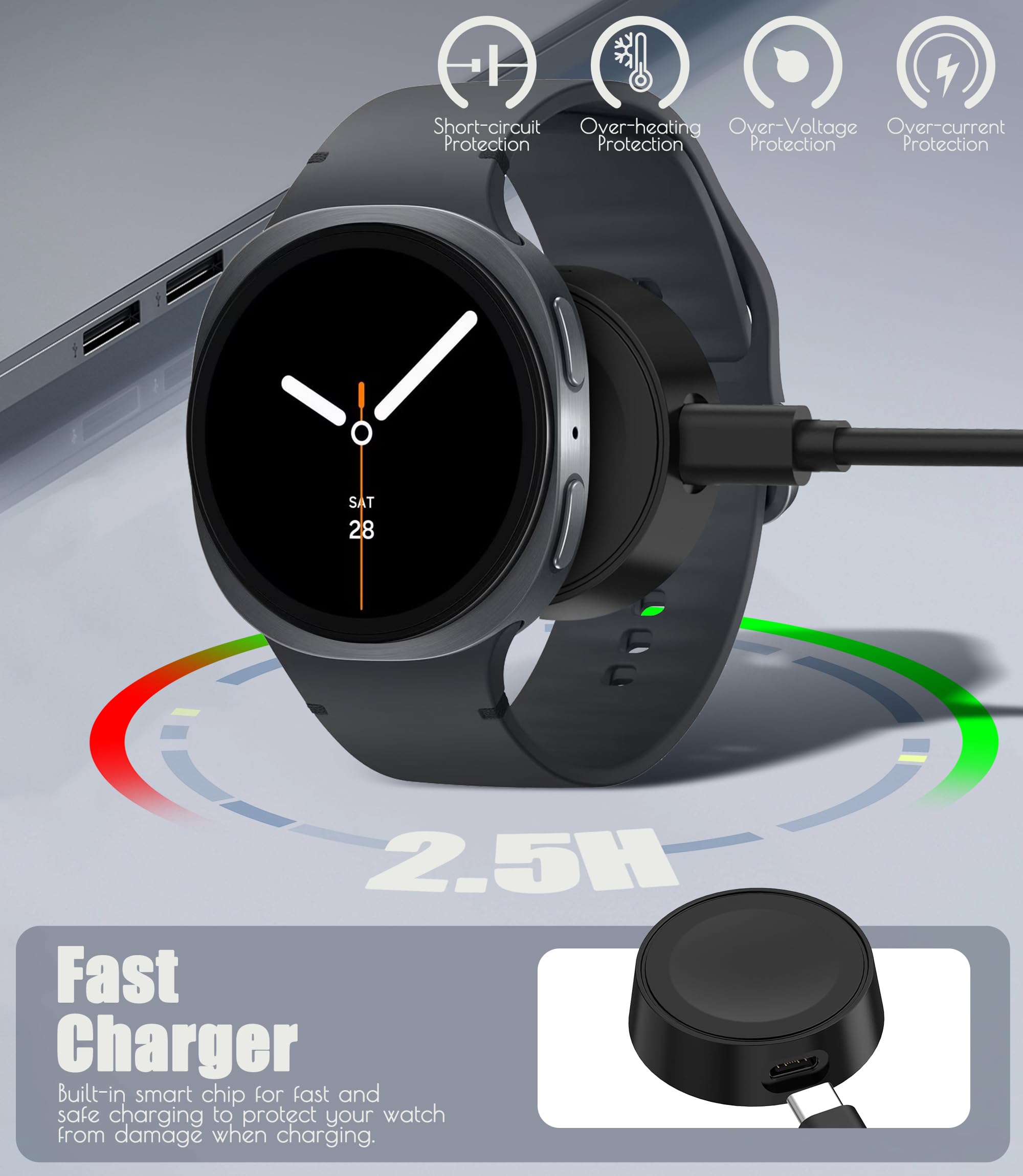 Kabel do ładowania kompatybilny z Samsung Galaxy Watch 8/8 Classic/Watch 7/Ultra/6/6 Classic/5/5 Pro/4/4 Classic/3/Active/Active 2, magnetyczna stacja ładująca, ładowarka z adapterem USB A na