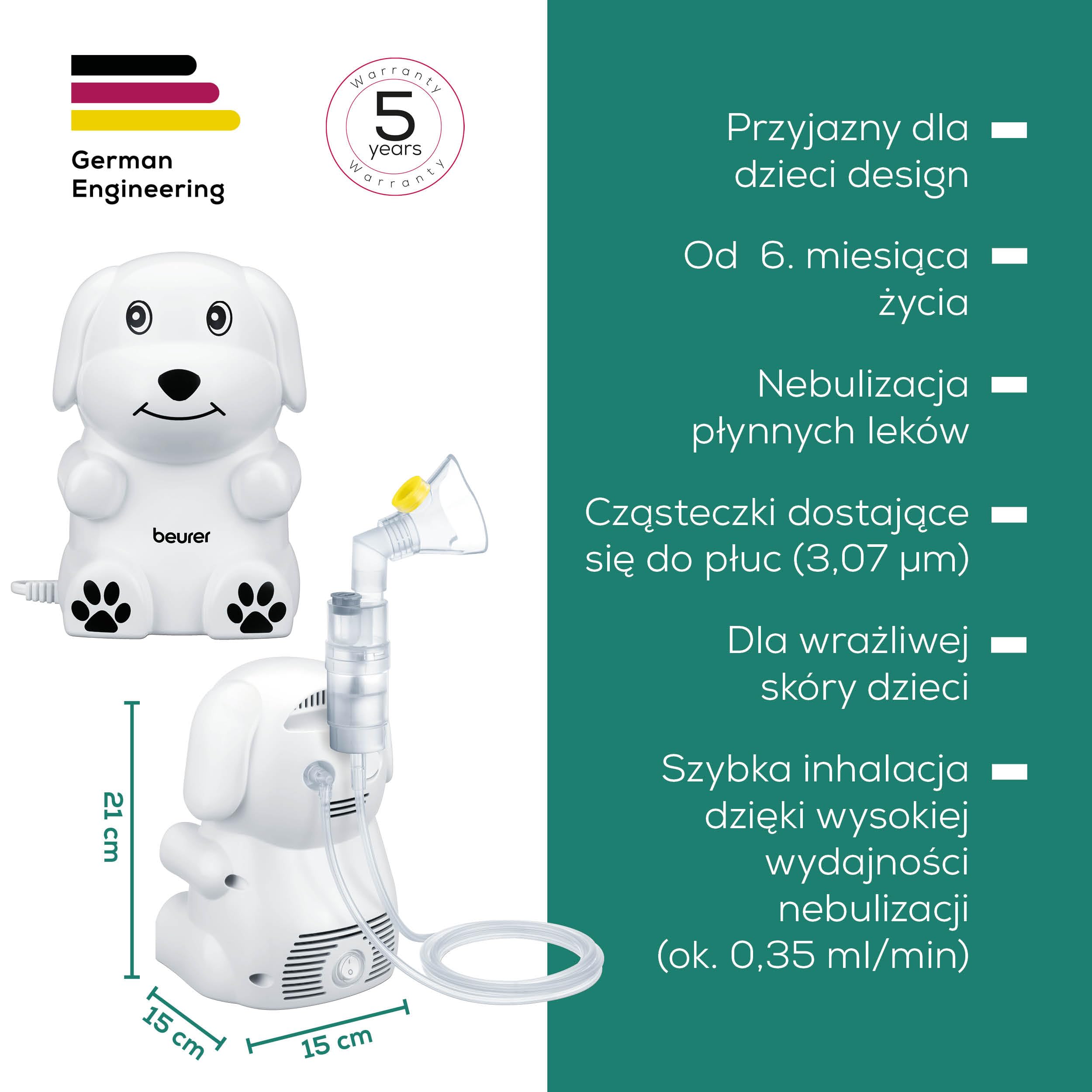 Beurer IH 24 Kids inhalator z przyjazną dla dziecka konstrukcją do nebulizacji płynnych leków, od 6 miesięcy, wysoka wydajność nebulizacji i krótki czas inhalacji, silikonowa maska dla wrażliwej skóry