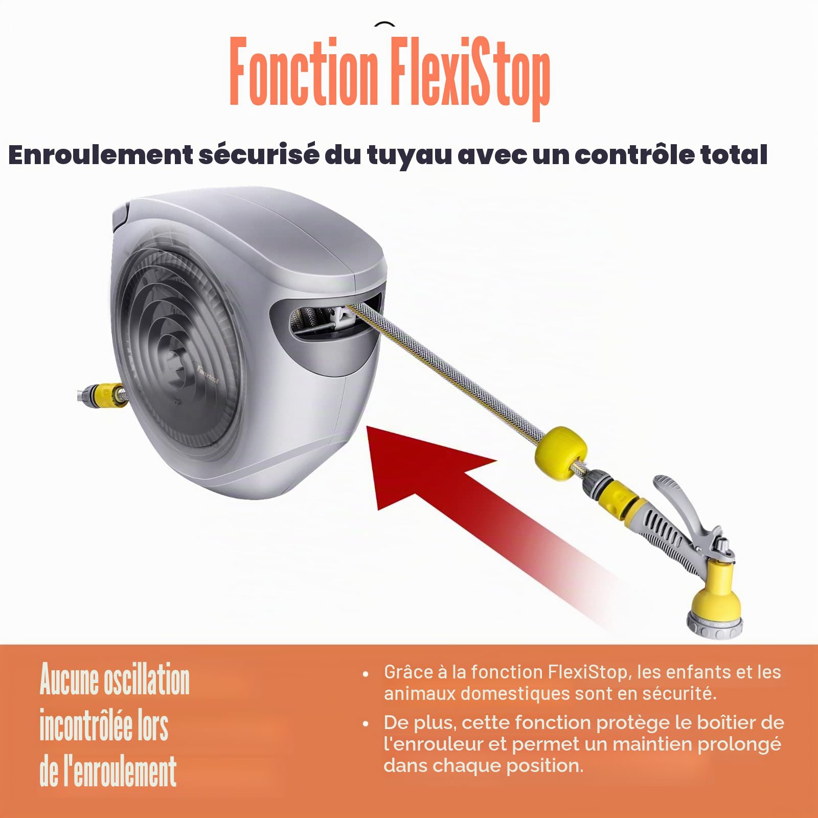 FANZTOOL Ensemble de bobine de tuyau de 35+2 m avec support mural, incluant une douchette multi-fonctions à 8 fonctions | Enroulement automatique | Pivotant à 180° | Tuyau de jardin certifié RoHS