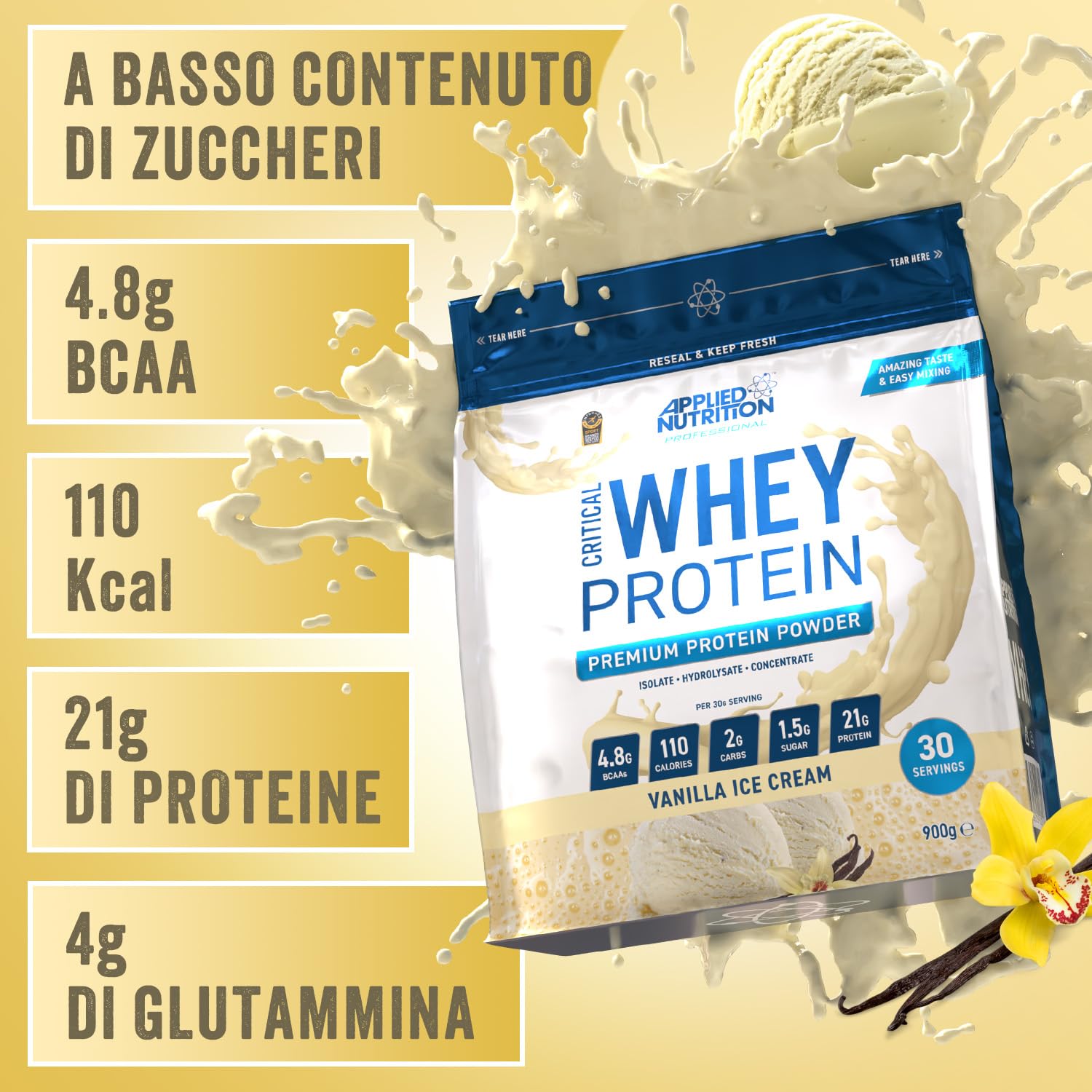 Applied Nutrition Critical Whey Protein Powder 900g - High Protein Powder, Protein Milkshake, Muscle Building Supplement with BCAAs & Glutamine (900g - 30 Servings) (Vanilla)