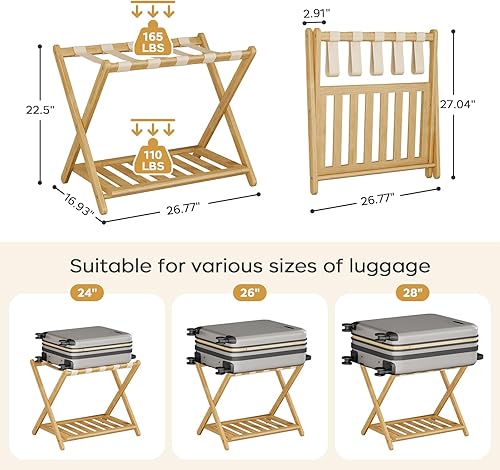 Miniatura 2 de Fully Assembled Luggage Racks Pack of 2, Bamboo 26.77" Folding Luggage Rack Stand for Guest Room, 5 Nylon Straps, Suitcase Stand with Storage Shelf