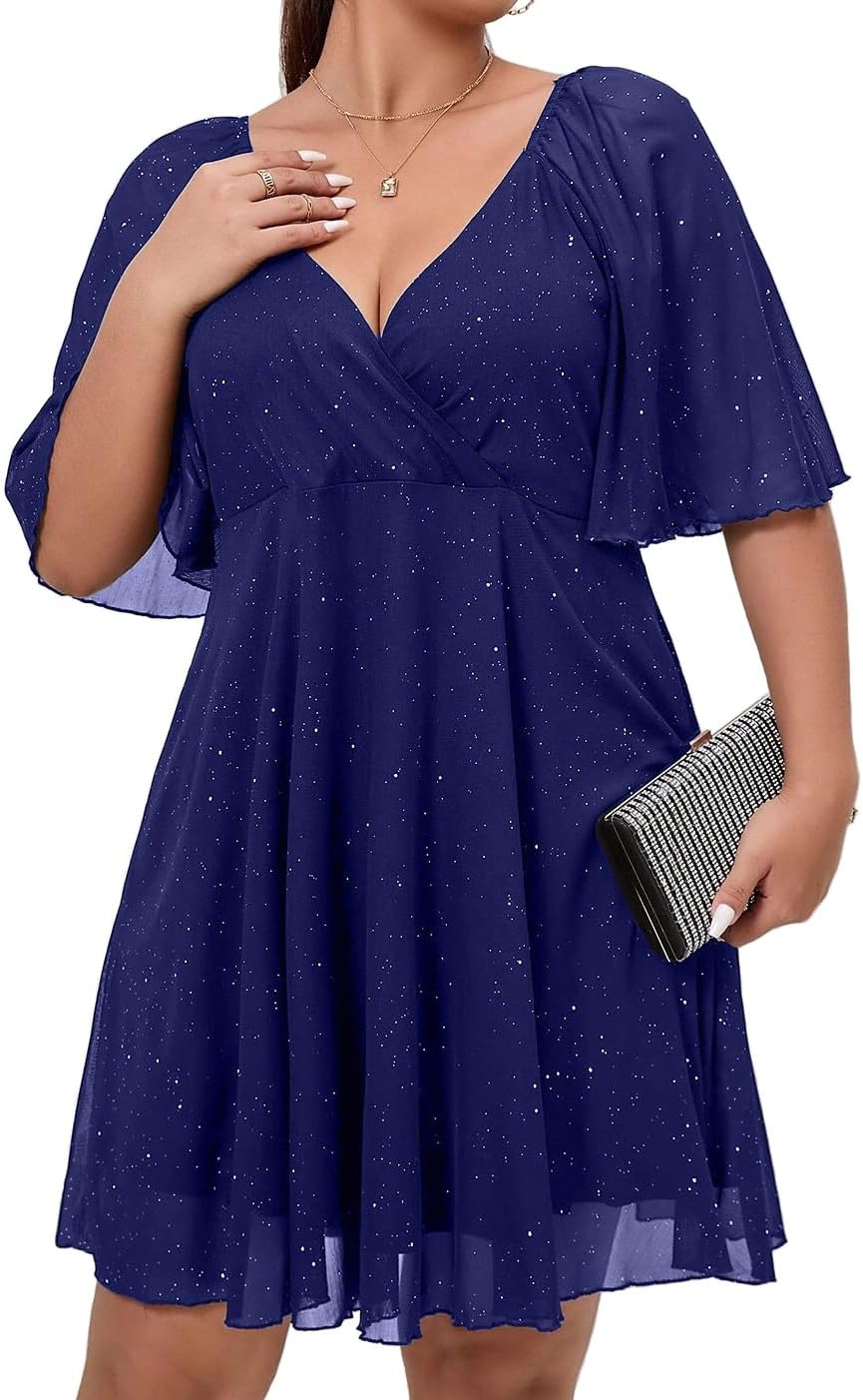 Plus Size Cap Sleeves Long Sleeves V Neck Sequins Skater Cocktail Club Dress 1X Sapphire Blue Flutter Sleeves
