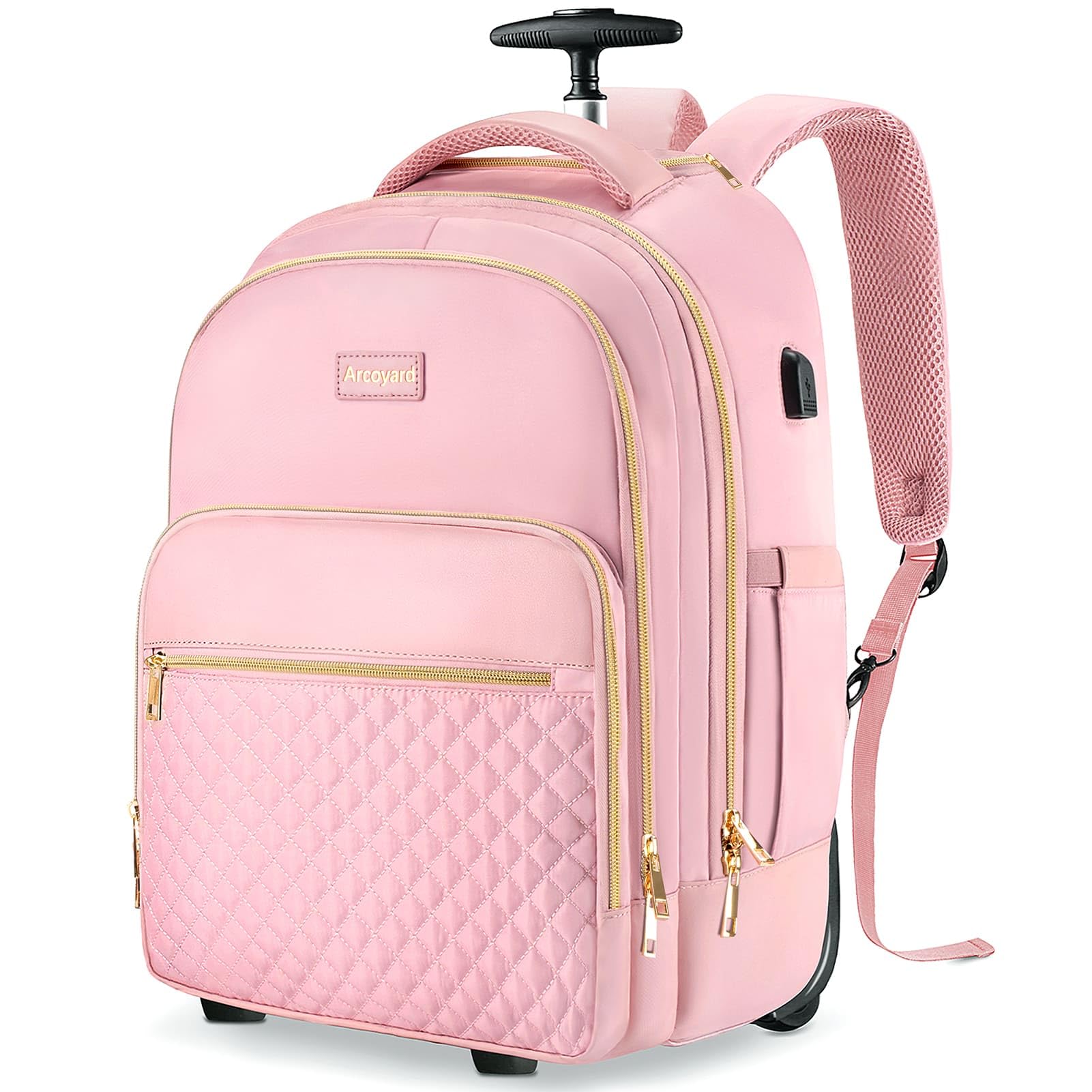 ArcoyardRolling Backpack Carry On Luggage For Adults With Wheels, 40L Wheeled Backpack For Women, Travel Roller Bag, Pink Gold, Large