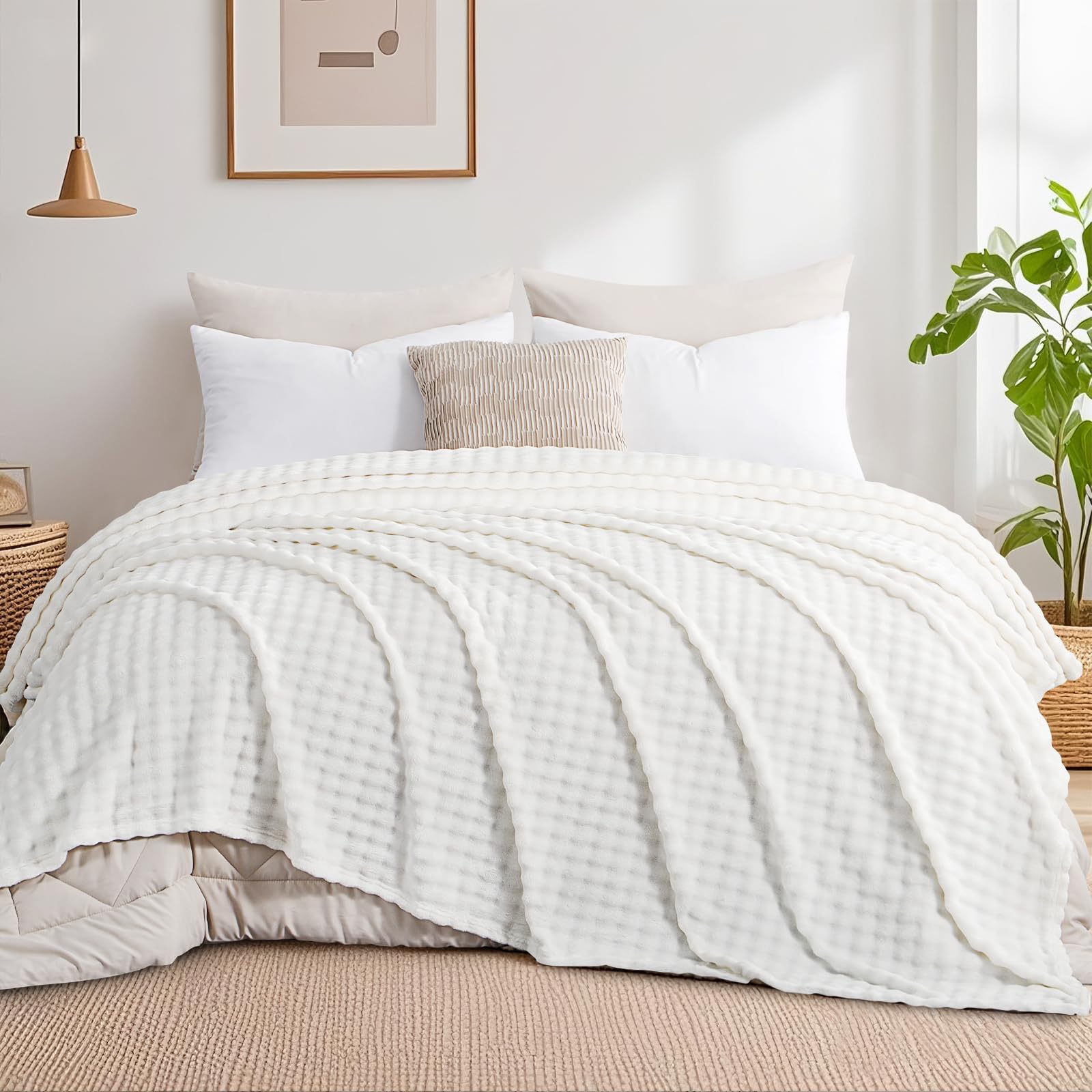 RUIKASI Fleece Throw Blanket for Bed - White Fluffy Bubble Throws Queen Size Cozy Blanket with Reversible Design, 220x240 cm - Image 2