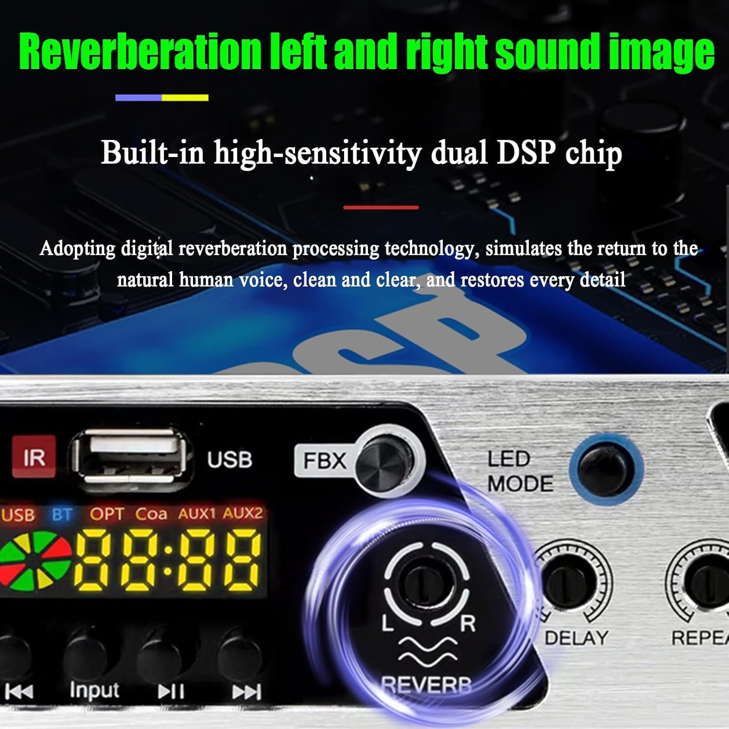 Efector mezclador de karaoke con Bluetooth, USB, fibra, entradas coaxiales, 7 ritmos de luz, procesador antiaullidos para un rendimiento de audio mejorado