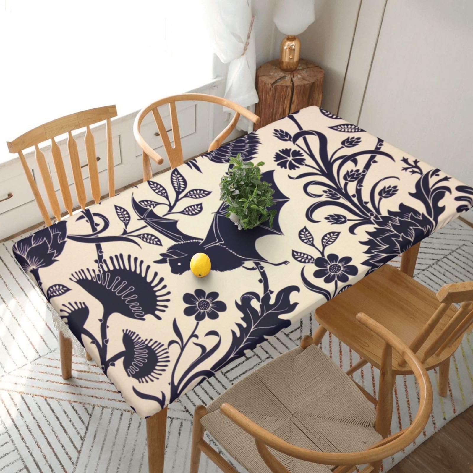 DCEHGEW Elastic Fitted Rectangle Tablecloth for 5ft Tables, Bat Print Printed Oilproof & Washable Fabric Picnic Table Cloth Table Covers