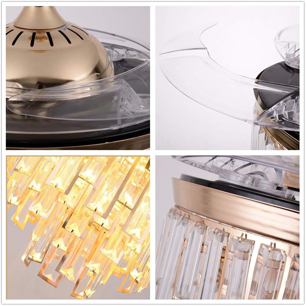 A Million 42" Crystal Ceiling Fan with Light Modern Luxury Chandelier Retractable Blades Remote 3 Speeds 3 Color Changes Silent Ceiling Fans Lighting Fixture, LED Kits Included