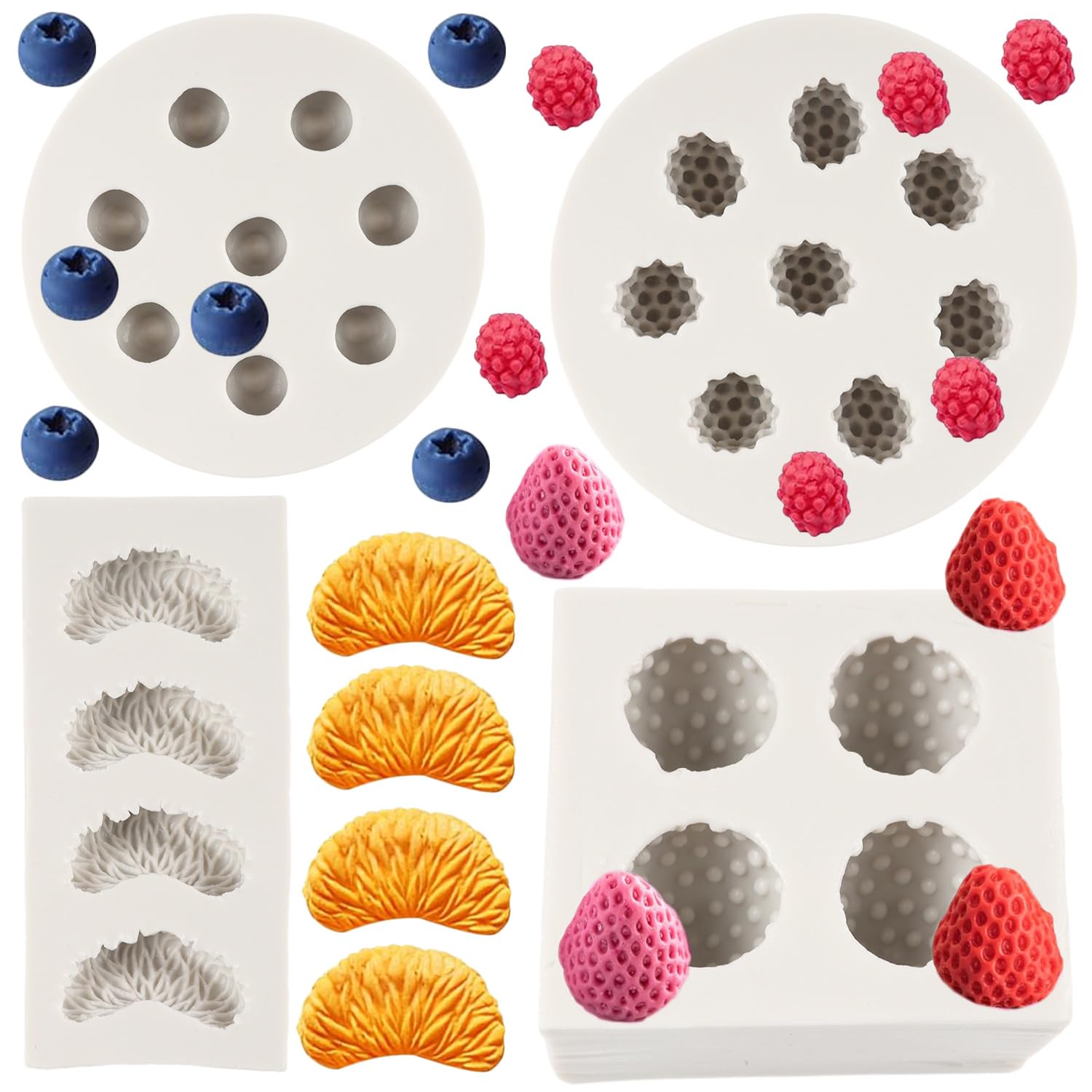 FCKEMLDS Fruit Shaped Jelly Molds Strawberry Orange Raspberry Blueberry Silicone Fondant Molds For Cake Decoration Cupcake Topper Chocolate Candy Polymer Clay Gum Paste Set of 4