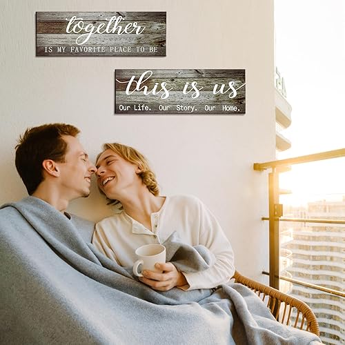 Miniatura 5 de 2 carteles de pared con texto en inglés This is Us Our Life Our Story, Together Is My Favorite Place To Be, placa de entrada de madera rústica para