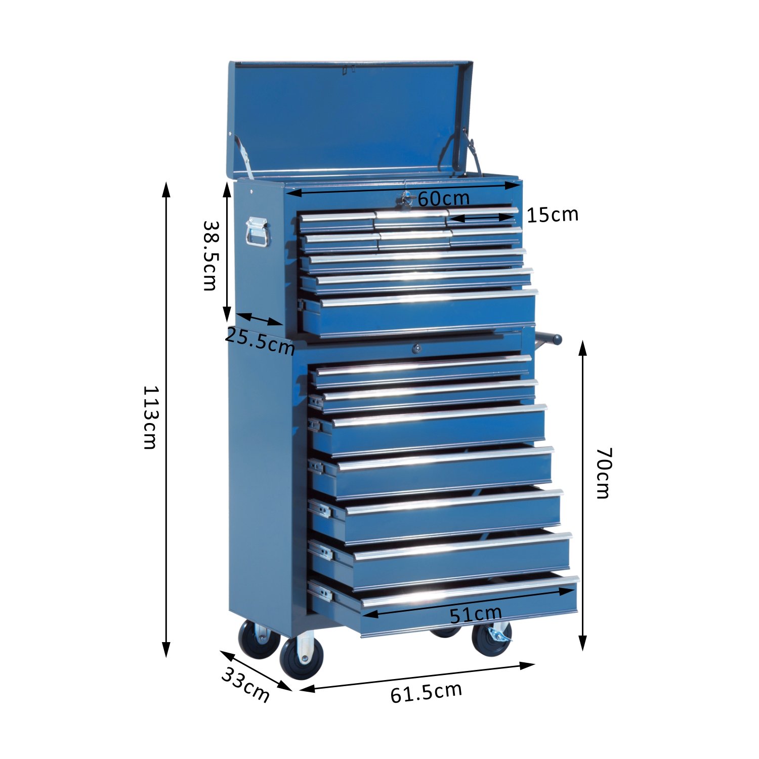 HOMCOM Carro Caja de Herramientas Taller Movil 16 Cajones 4 Ruedas 2 Cerraduras Azul