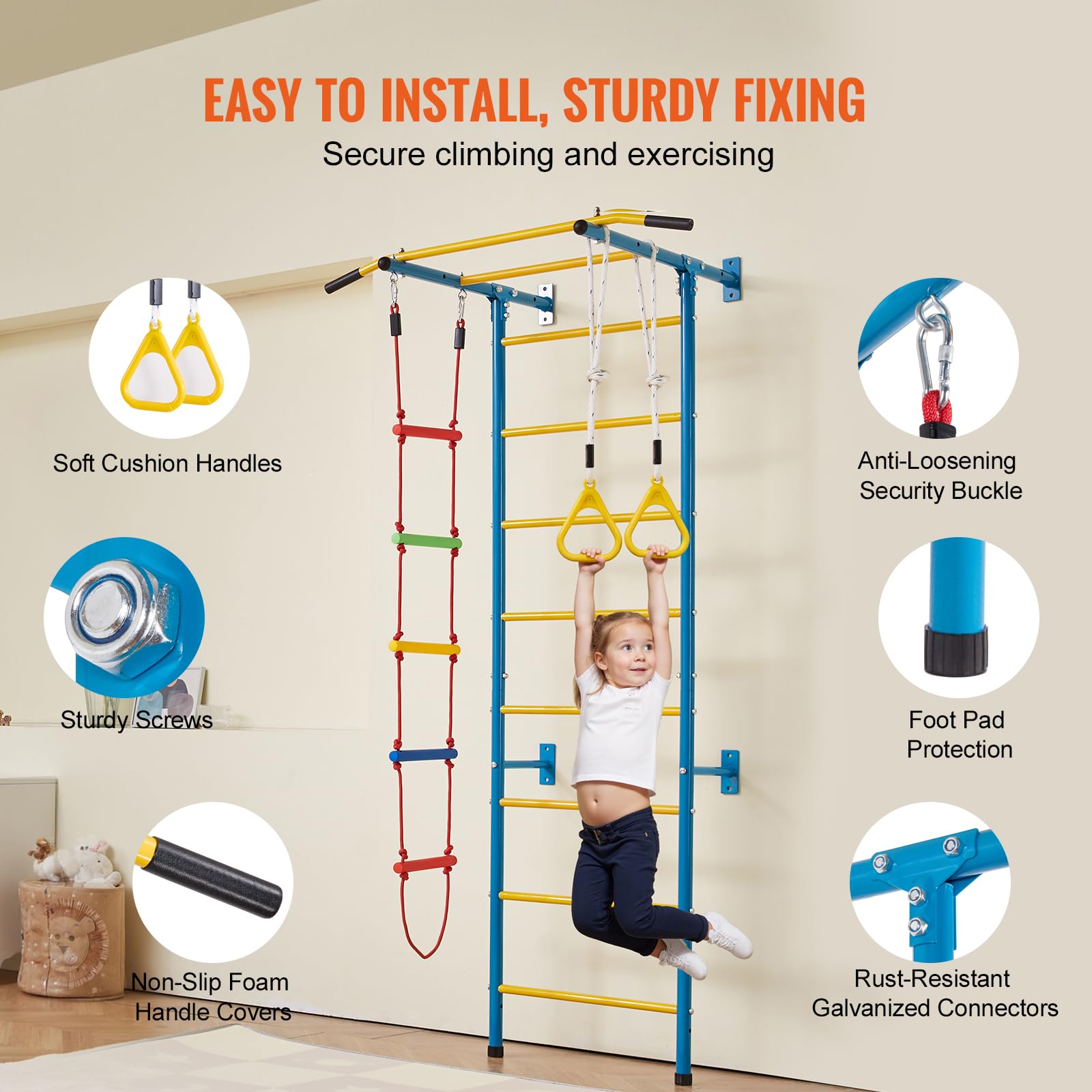 VEVOR 5 en 1 Juego de Escalada para Niños con Escalera Sueca de Acero al Carbono, Escalera de Pared, Barra de Dominadas, Escalera de Cuerda y Anillos de Gimnasia, Carga de 99,8 kg, Multicolor