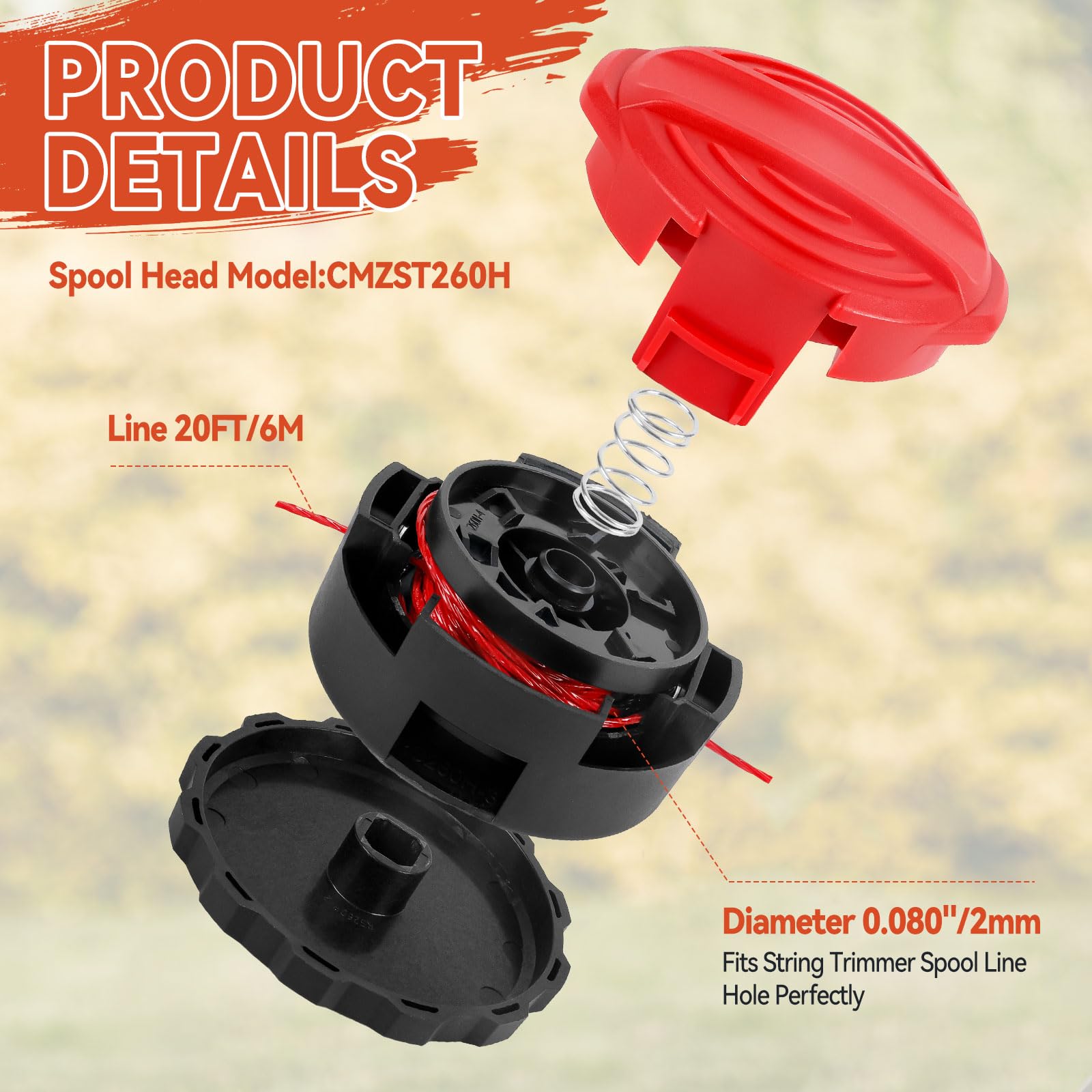 CMZST260H - Cabezal de repuesto compatible con Craftsman CMCST920 CMCST960 CMCST960E1 tipo 1, CMCST920M1 Qucikwind Weedwacker Series, 0.08 pulgadas 20 pies (2)