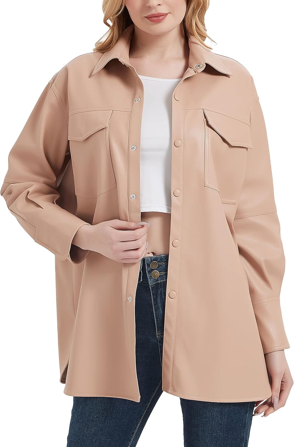 RISISSIDA Women Faux Leather Shacket Jacket Loose Fit, Spring Fall Casual Lapel Button Down Long Sleeve Pleather Shirts