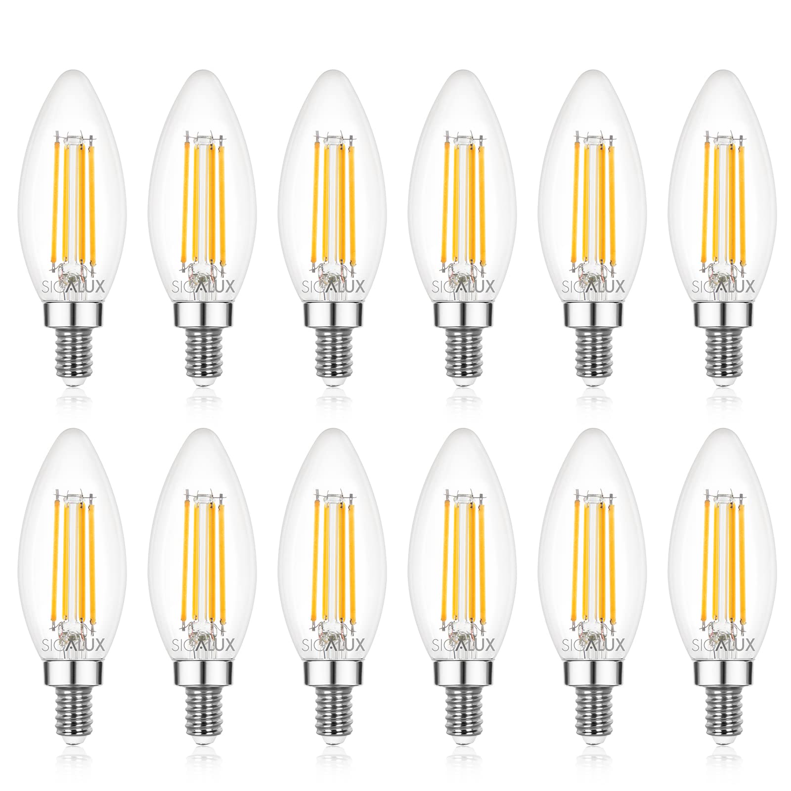 Sigalux E12 LED Bulb Candelabra Base Dimmable, LED Chandelier Light Bulbs, 60 Watt Equivalent Candelabra LED Light Bulbs, B10 2700K Soft White, Type B Filament Candle Light Bulbs UL Listed, 12 Pack