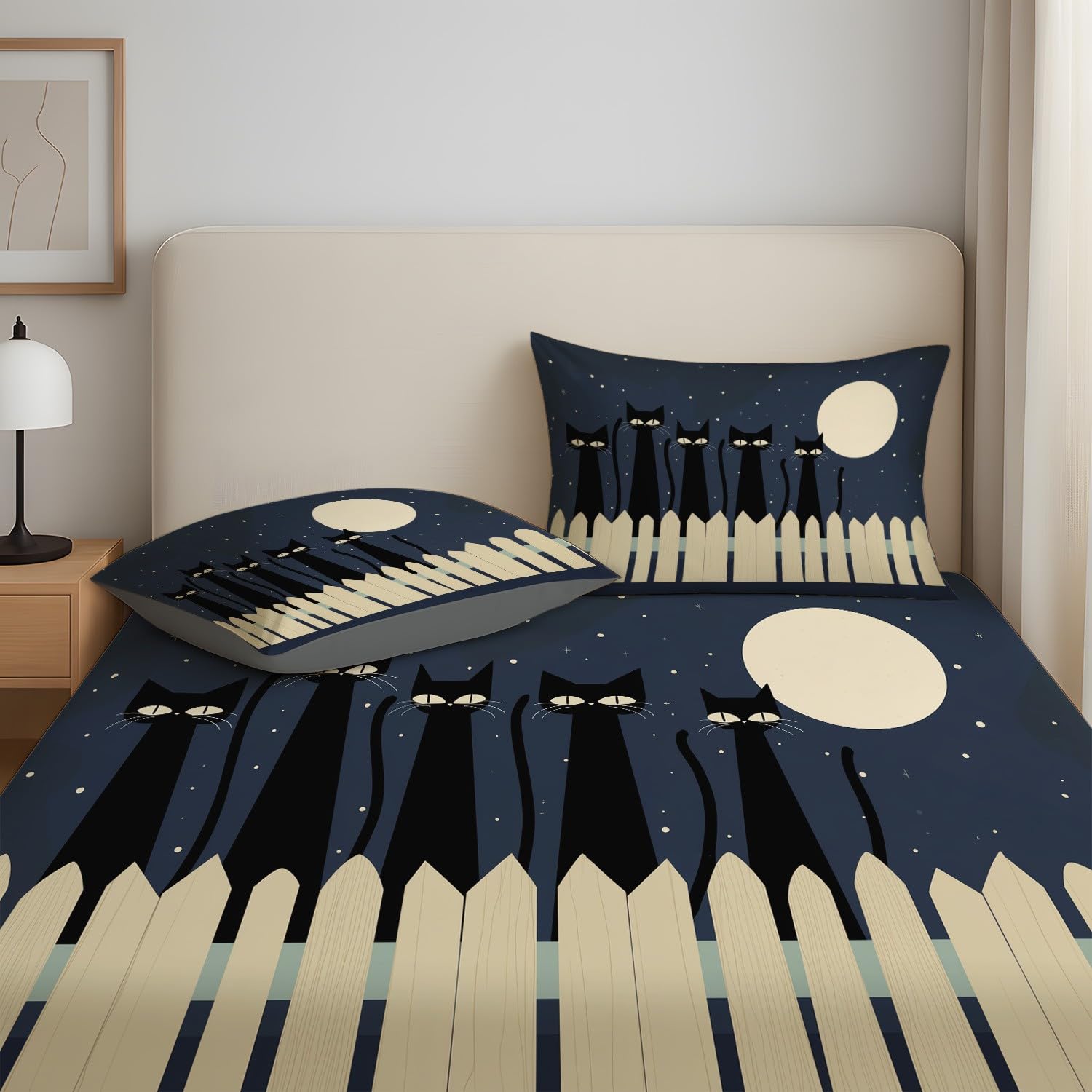 Juego de sábanas bajeras de dibujos animados con diseño de gato negro y luna y cielo estrellado, 30 cm de profundidad, microfibra transpirable, para decoración de habitación de niños y adolescentes
