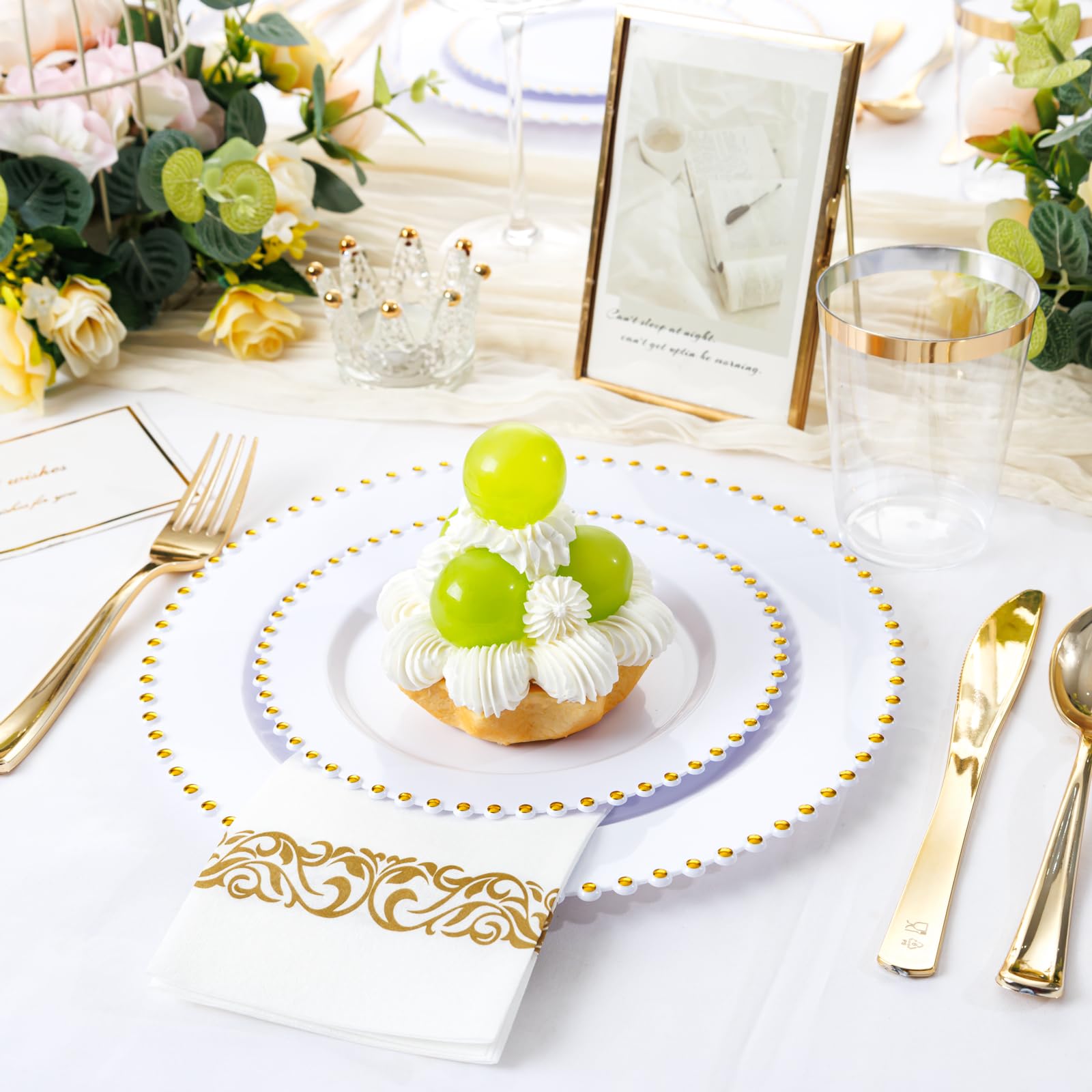 350 Pcs White & Gold Party Plates - Elegant Disposable Dinnerware -4