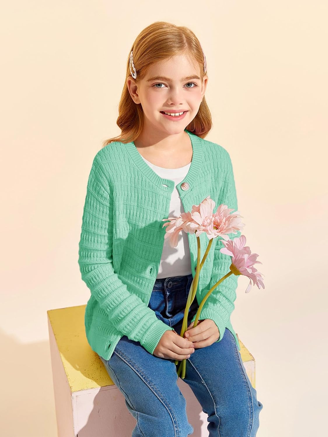 Haloumoning Girls Button Down Cardigan Jackets Kids Long Sleeve Cable Knit Sweaters 5-14 Years - Image 2