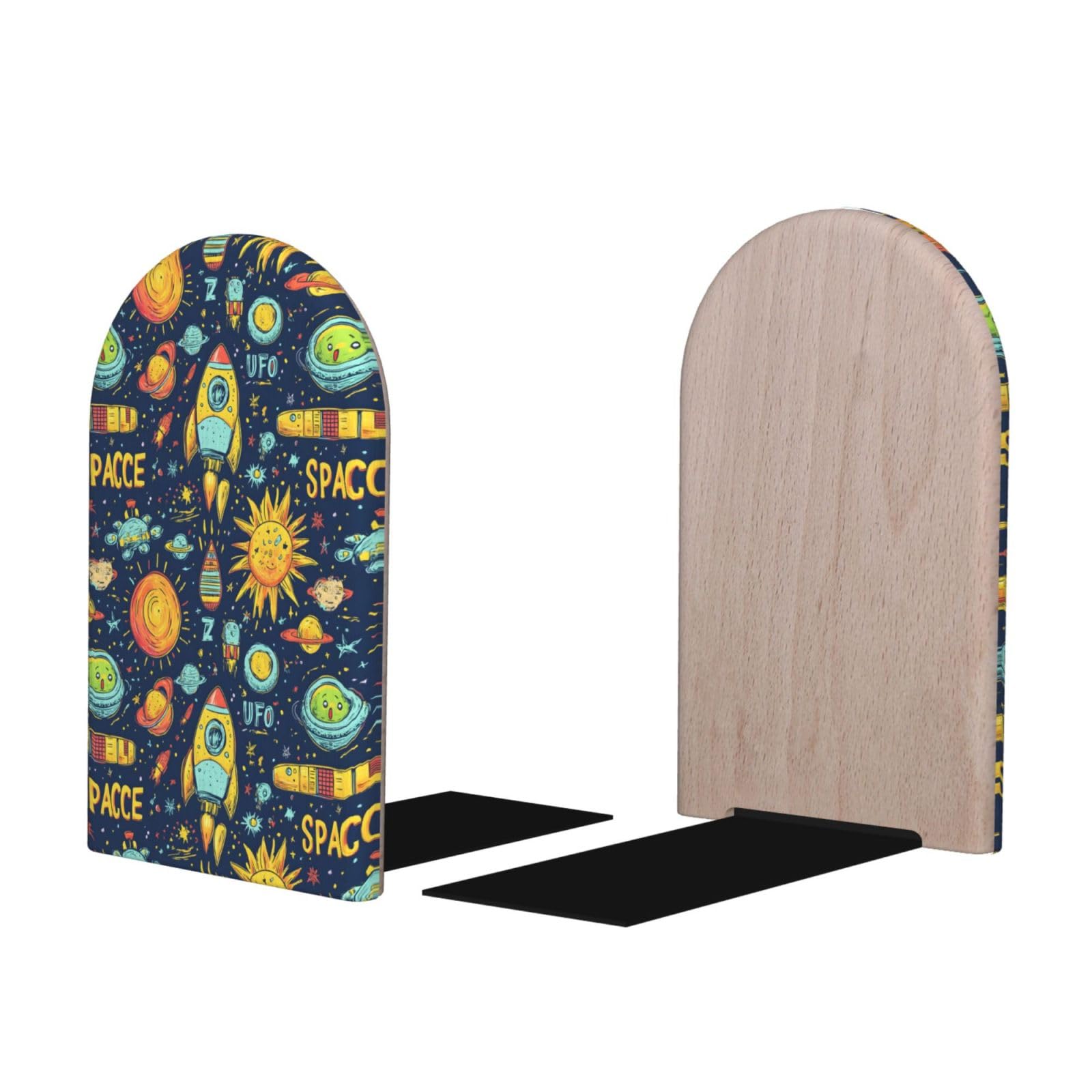 Cartoon Space Print BookEnds 1 Pair, Decorative Bookends for Heavy Books, Wood Book Ends for Shelves, Book Organizer for Home Desk Office Supplies