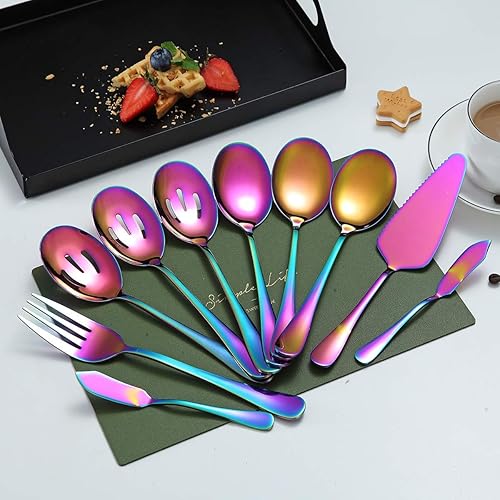 Miniatura 2 de Kyraton - Cucharas para servir arcoíris, 10 piezas, utensilios para servir, el juego de servir incluye 3 cucharas de servir, 3 cucharas ranuradas, 1