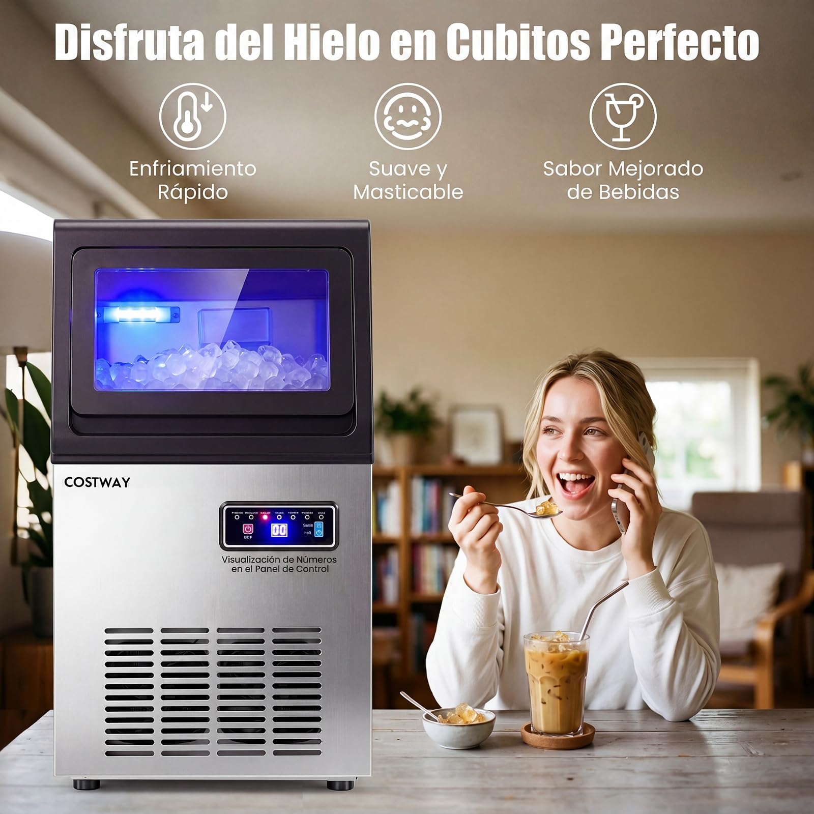 COSTWAY Máquina de Hielo Comercial, 41 kg/Día, Cubitos de Hielo Masticables | Ice Maker, Autolimpieza y Cuchara, Hielera de Acero Inoxidable para Cocina, Bar