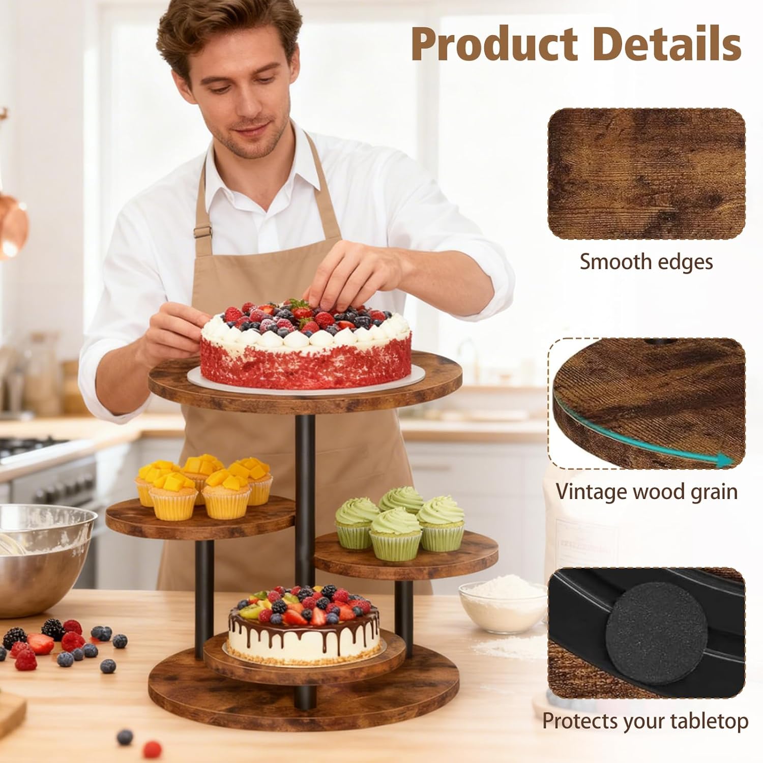 Yuehuam Cupcake Stand, 4 Tier Rotatable Cupcake Tower Stand for 50 Cupcakes, Wood Cake Stand, Rustic Dessert Table Display Round Serving Tray for Wedding Birthday Party