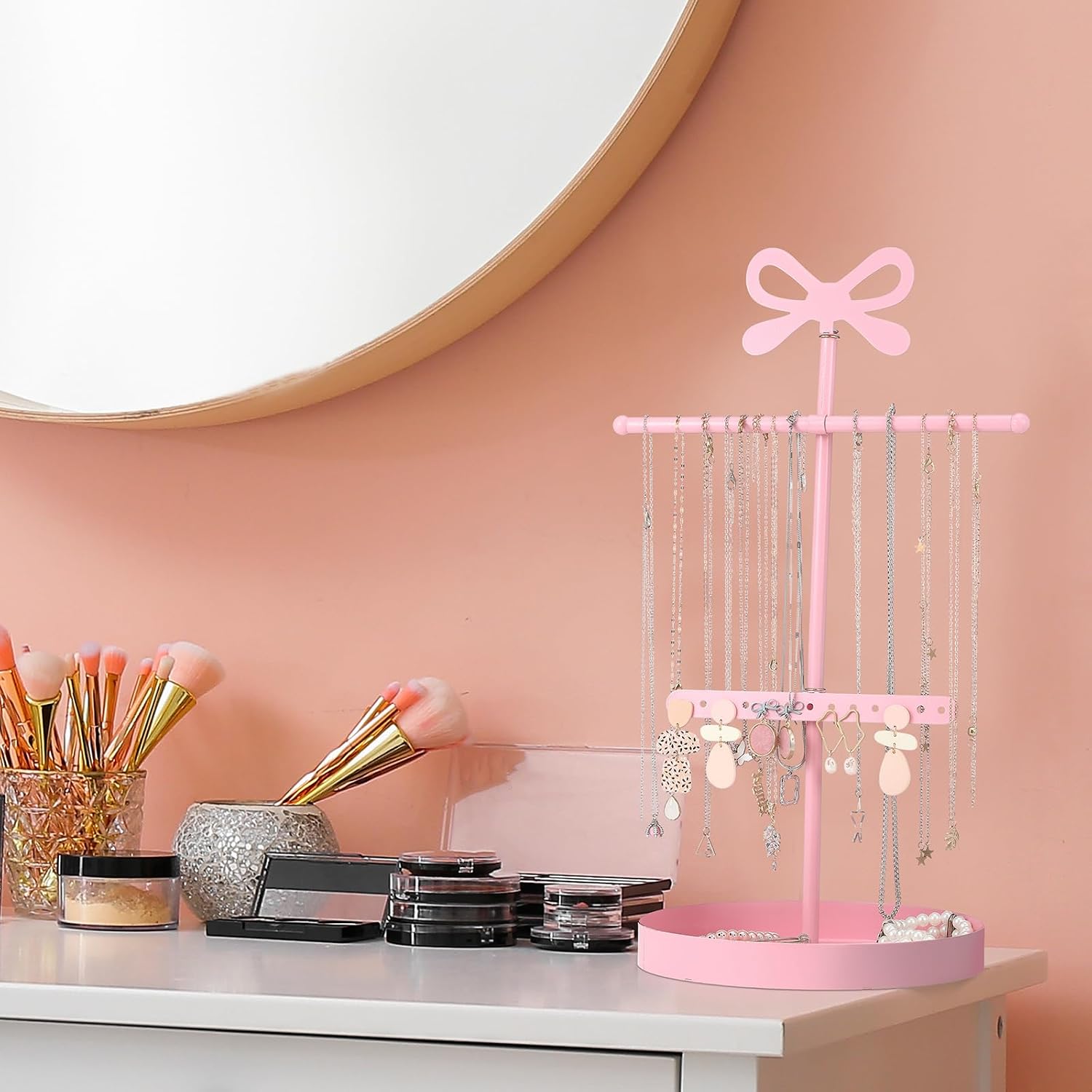 Gerrii Pink Bow Jewelry Holder Organizer Stand 3 In1 Decorative Pink Display Coquettish Jewelry Towers Tree Organizer Hanger Metal Storage Rack for Earrings Necklaces with Ring Tray