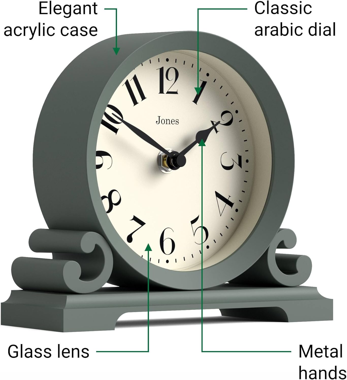 JONES CLOCKS® Saloon Mantel Clock | Small Traditional Double Scroll Design | Green | Contemporary Classic Style for Desk, Table, Shelf or Bedside