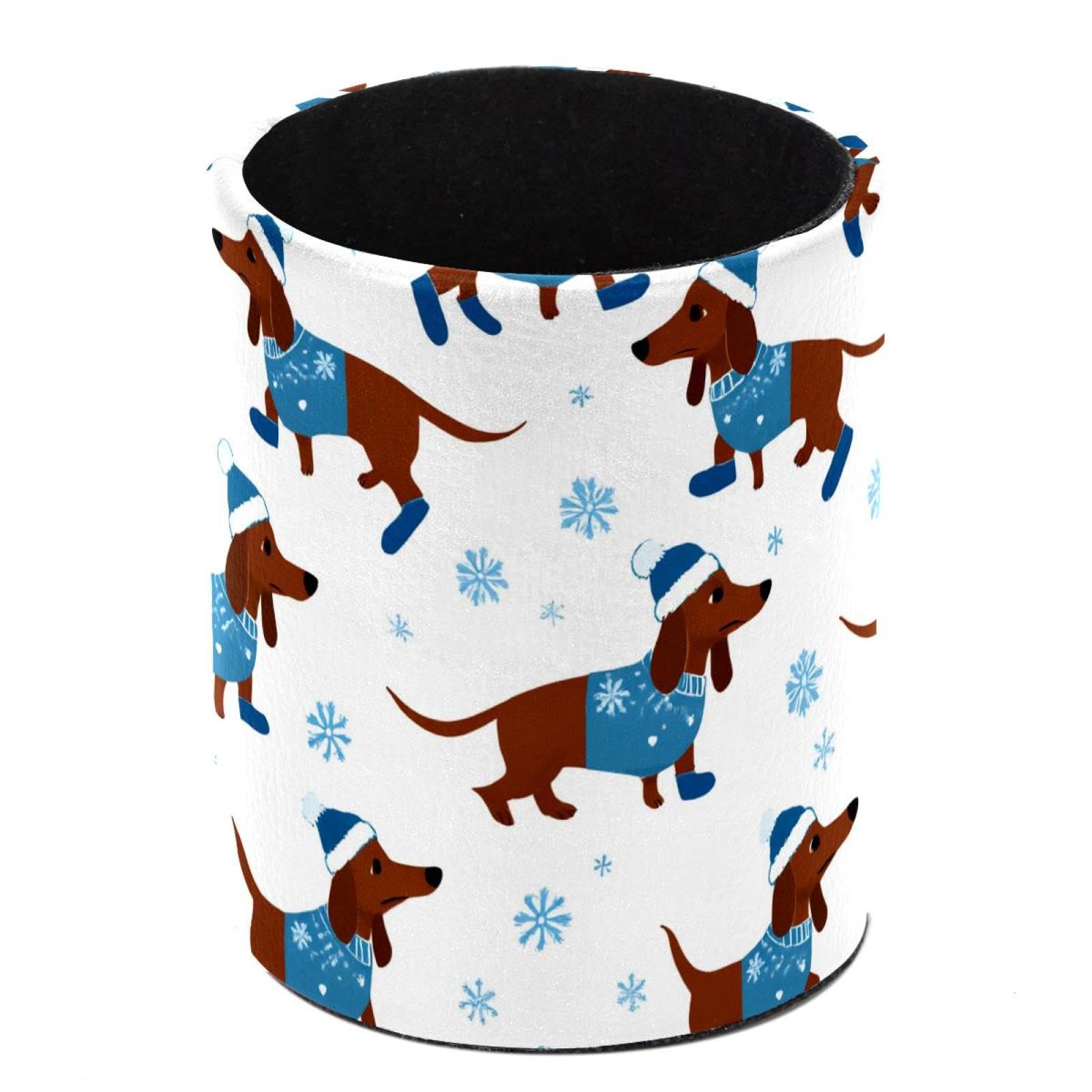 HEOEH Christmas Dachshund Pen Holder for Desk, PU Leather Pencil Holder Pen Cup Marker Holder Makeup Brush Holders, Desk Accessories & Workspace Organizers for Home, Office