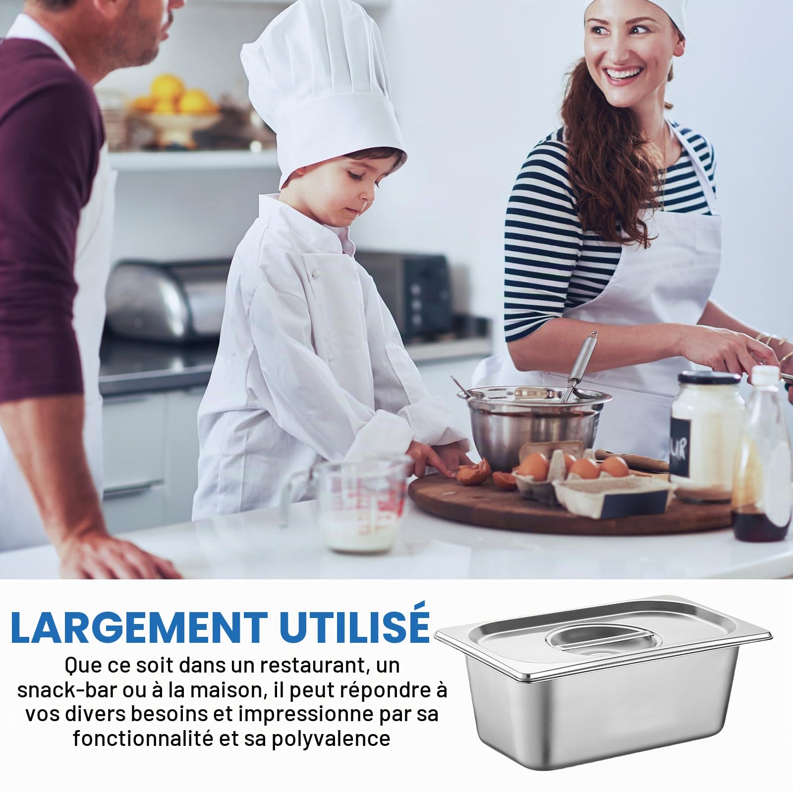 Lot de 2 bols à panure 1/3 en acier inoxydable avec couvercle – Bols à paner empilables pour restaurants, restaurants, fêtes de famille, accessoires de cuisine, gastronomie (32,5 x 17,5 x 6,5