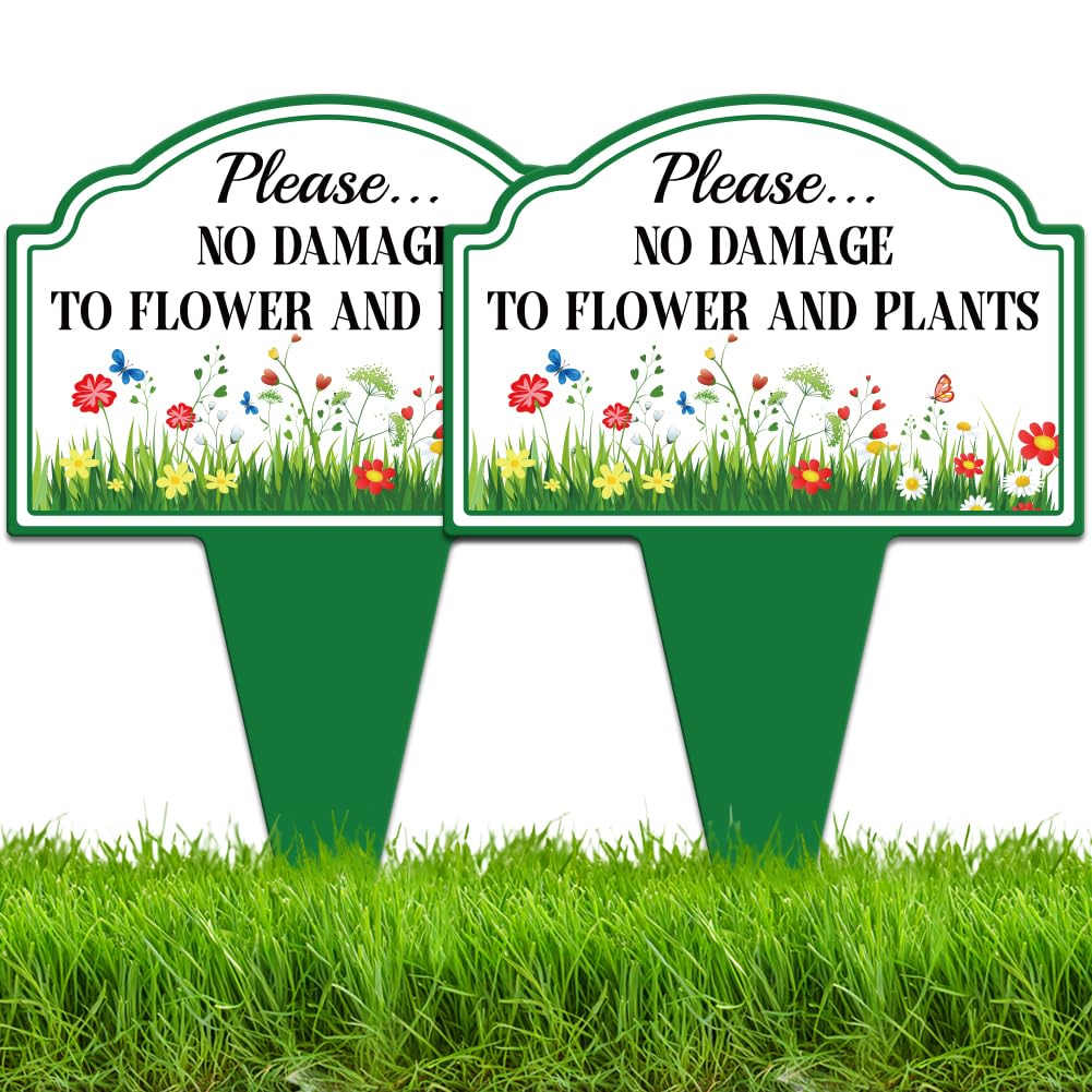WEBEEDY 2 Pack Please... No Damage To Flower And Plants Yard Signs with Stake, 25x35cm Do Not Pick The Flowers Signs Double Sided Metal Garden Sign for Lawn Grass Outdoor Use - Weatheproof Aluminum