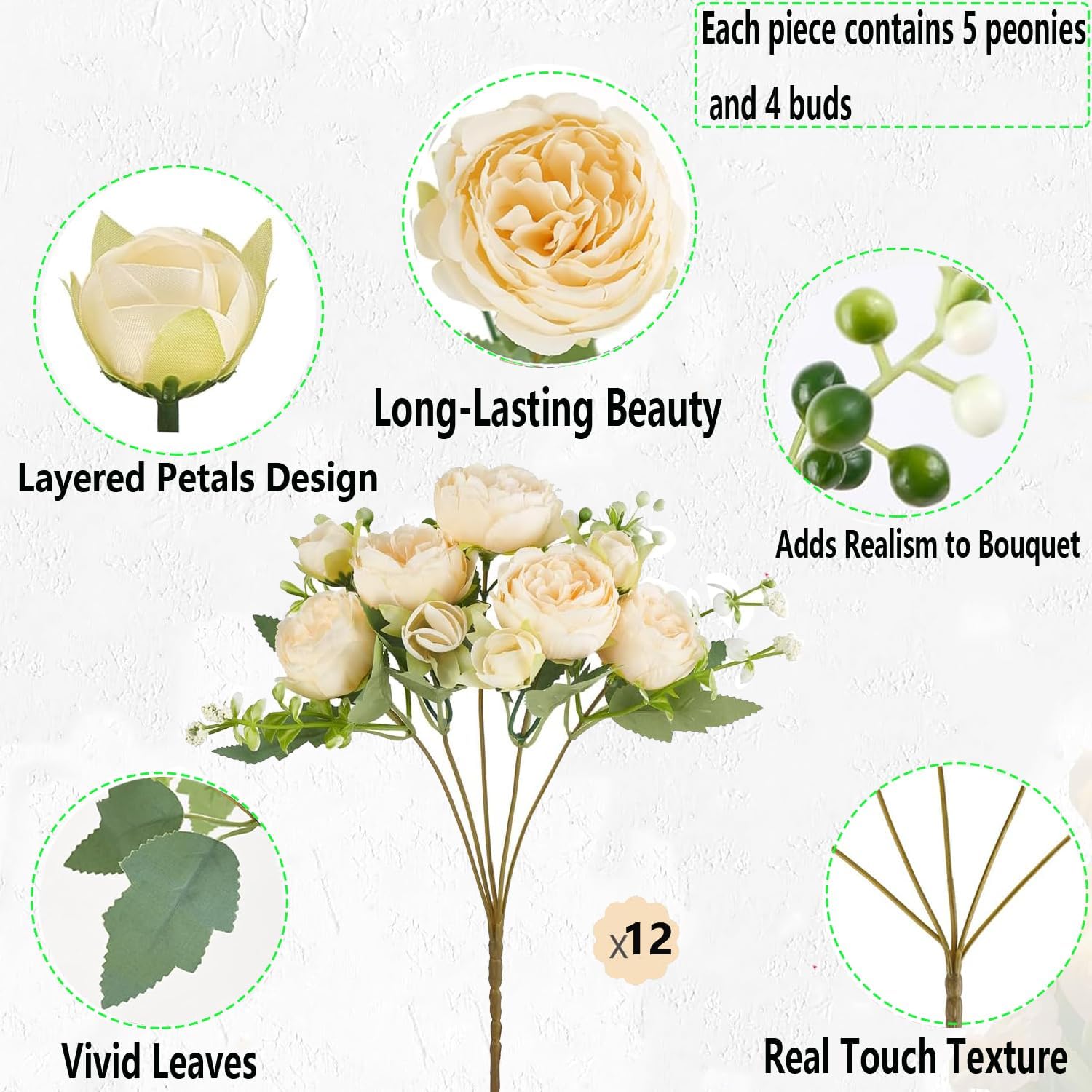 Peonies Artificial Flowers 12 Bundles Pink Flowers Bouquet, Lifelike Silk Fake Peonies with Stems for Home Table Centerpieces, Wedding, Party & DIY Bridal Floral Arrangements (Champagne)