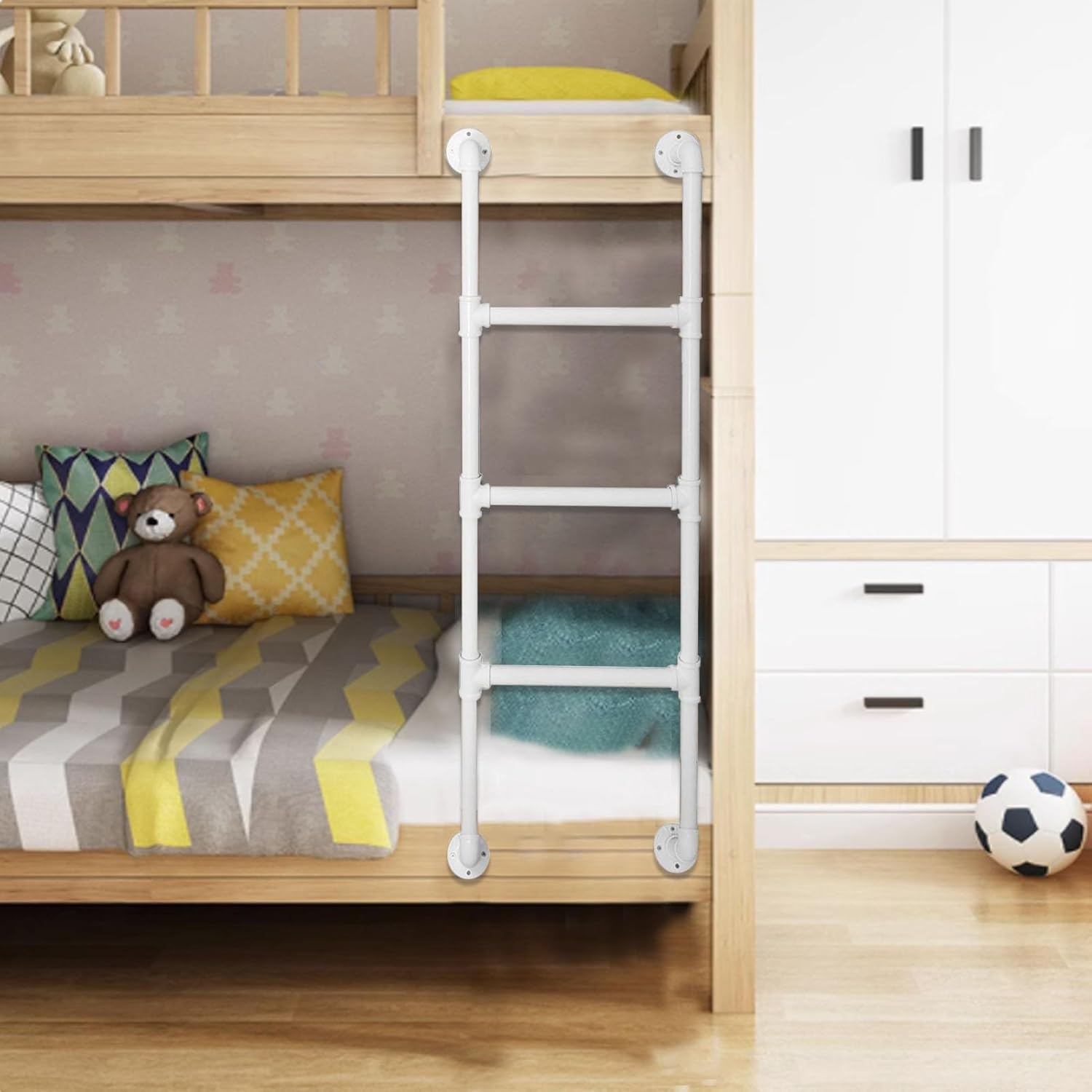 Industrial White Wall Mounted Attic Bunk Bed Ladder 77in Tall Iron Pipe Safety Climb Height Entrance Egress Ladder for Library Bunk Bed Warehouse RV Boat