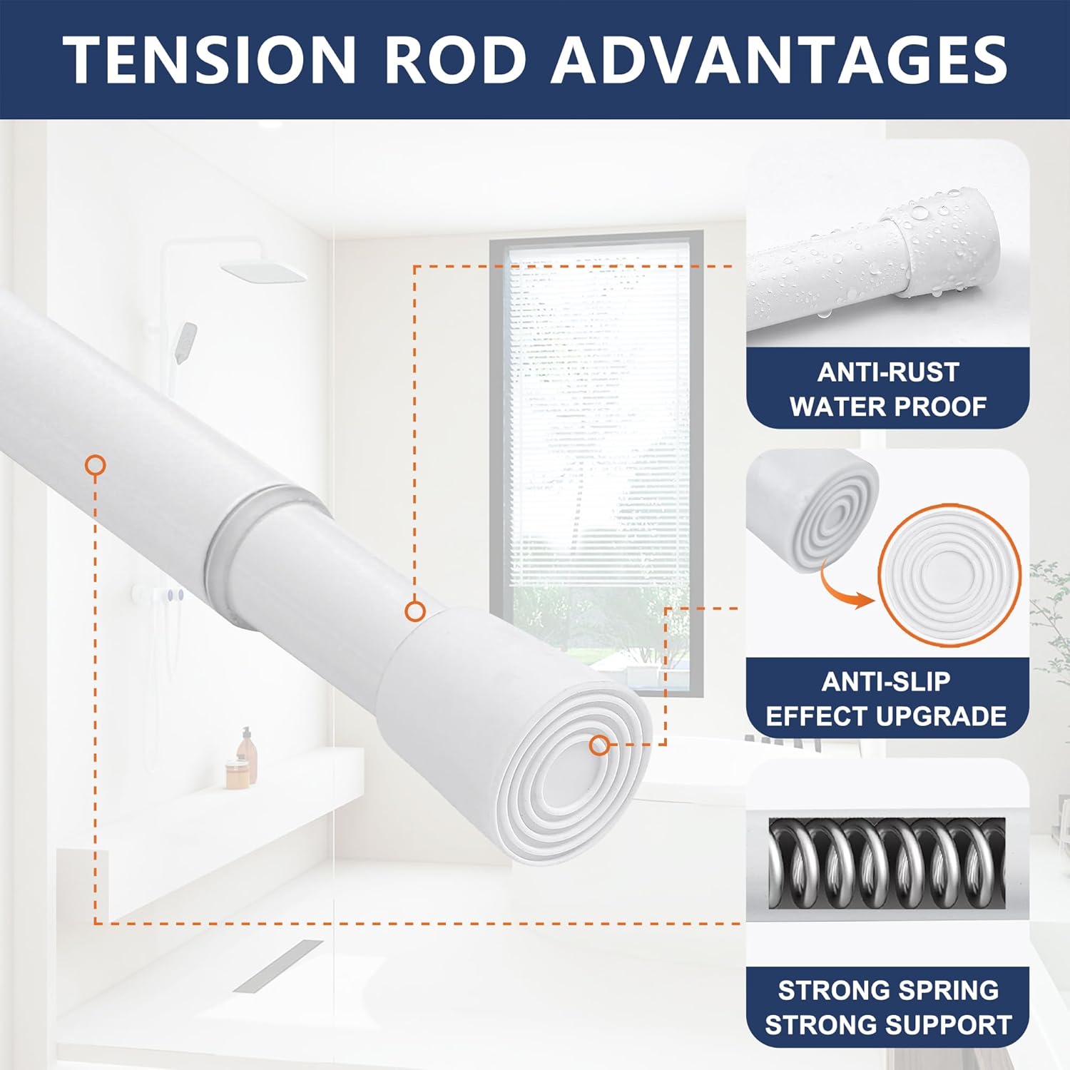 Adjustable Shower Curtain Rod 16 to 28 Inches, Small Spring Tension Curtain Rod, No Drill Curtain Rods for Windows, Bathroom, Closet, Non-Slip, 0.86" Diameter, White, 2 Pieces