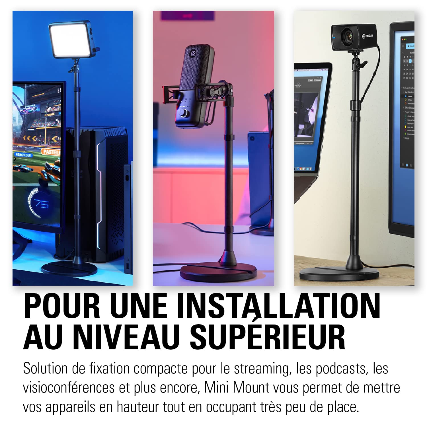 Elgato Mini Mount – Support de bureau polyvalent extensible à 64 cm, entièrement réglable, support de téléphone à sabot, emplacement pour appareil et filetage 1/4" pour caméra, éclairage, micro, etc.