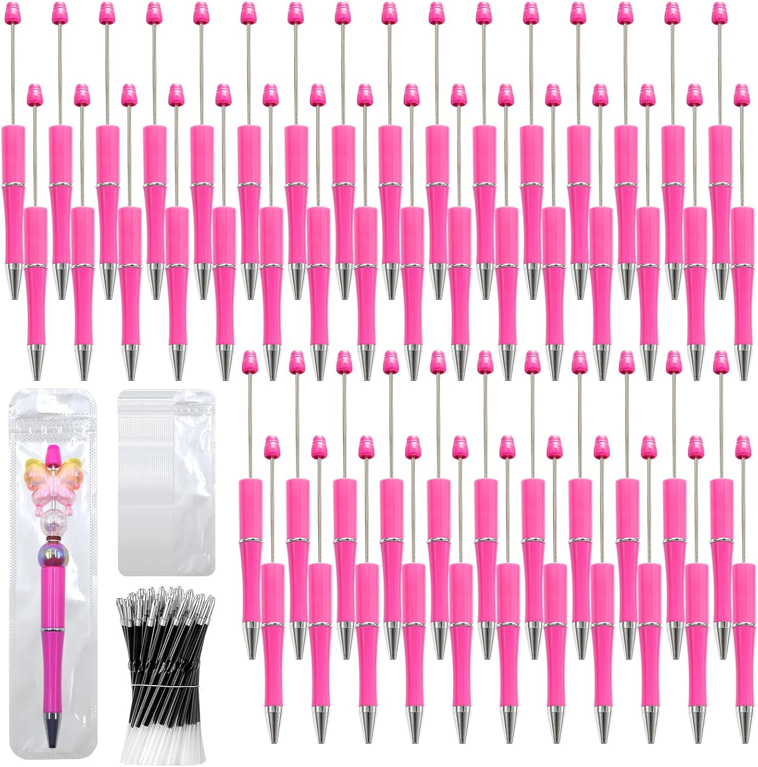 300 Pieces DIY Beadable Pen Kit – 100 Plastic Ballpoint Pens with Refills & Bags – School Supplies, Office Accessories & Decorative Items for Students & Teachers (Rose Red)