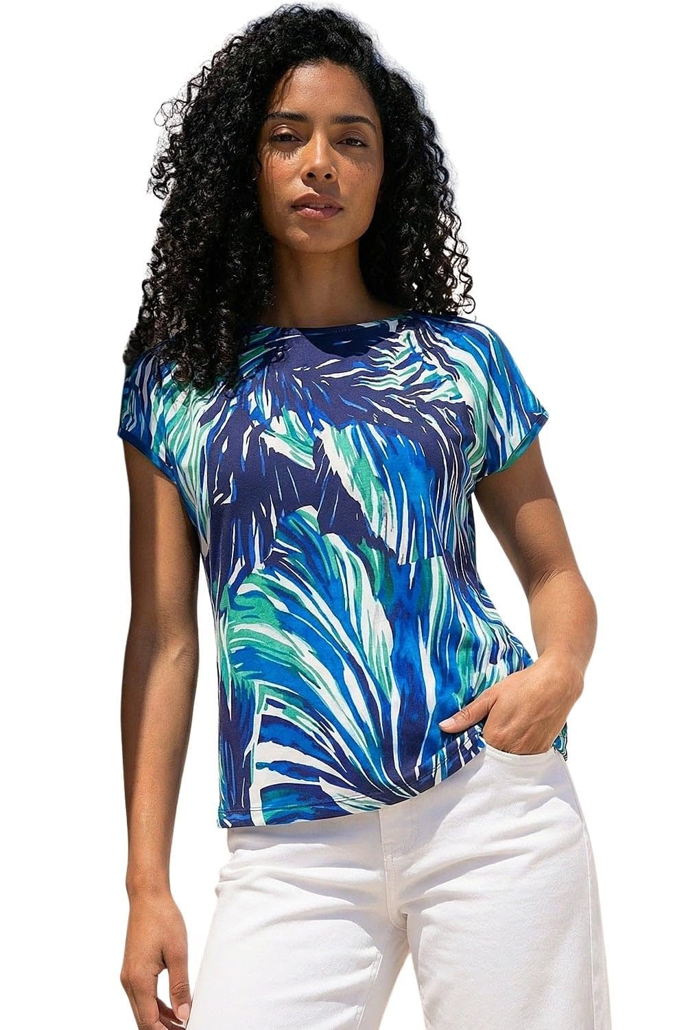 Roman Women's Blue Abstract Print Stretch Top Size 10