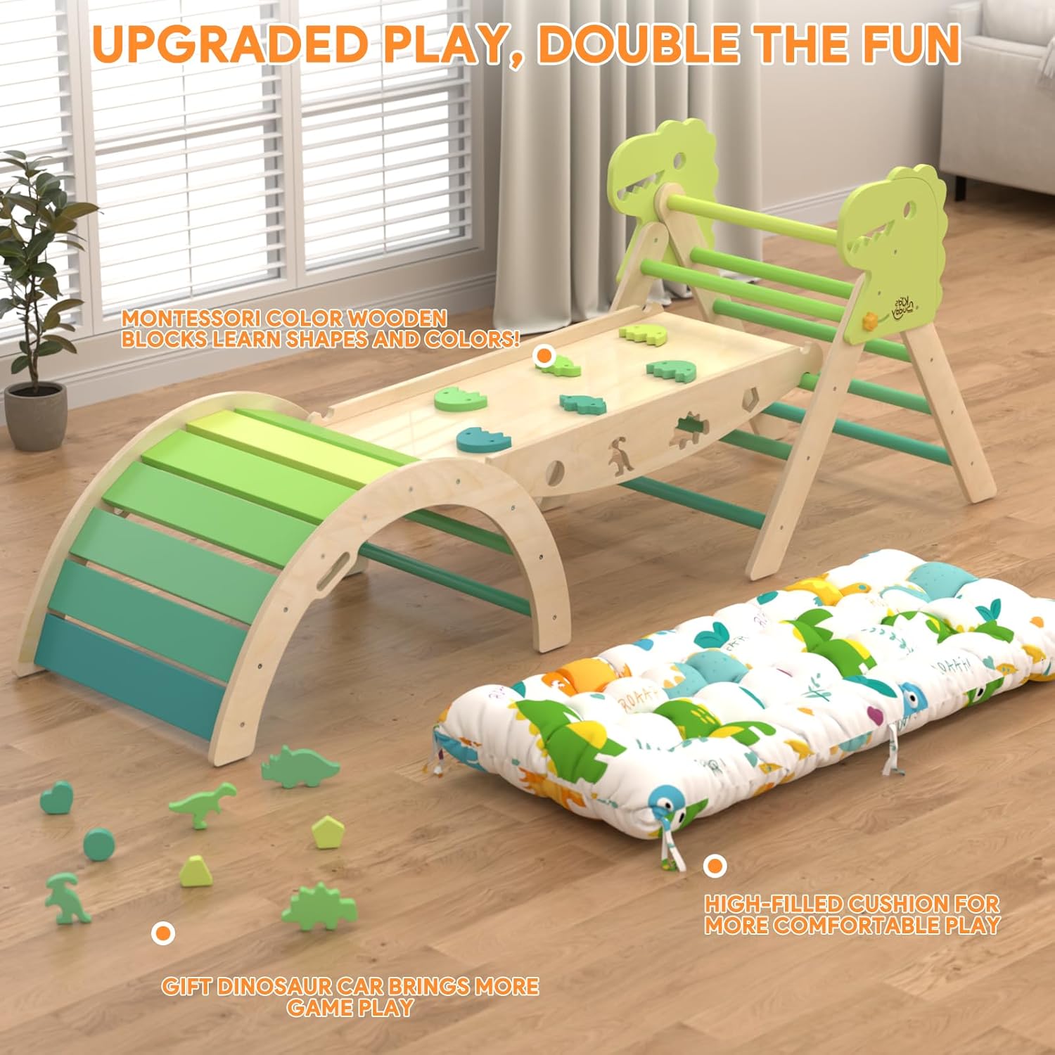 Pikler Triangle Set with Cushion 9 in 1 Climbing Toys for Toddlers 1-3 Indoor Baby Climbing Gym Toddler Montessori Toys Wooden Toy with Maze Toy, Shape Sorter, Dinosaur Car