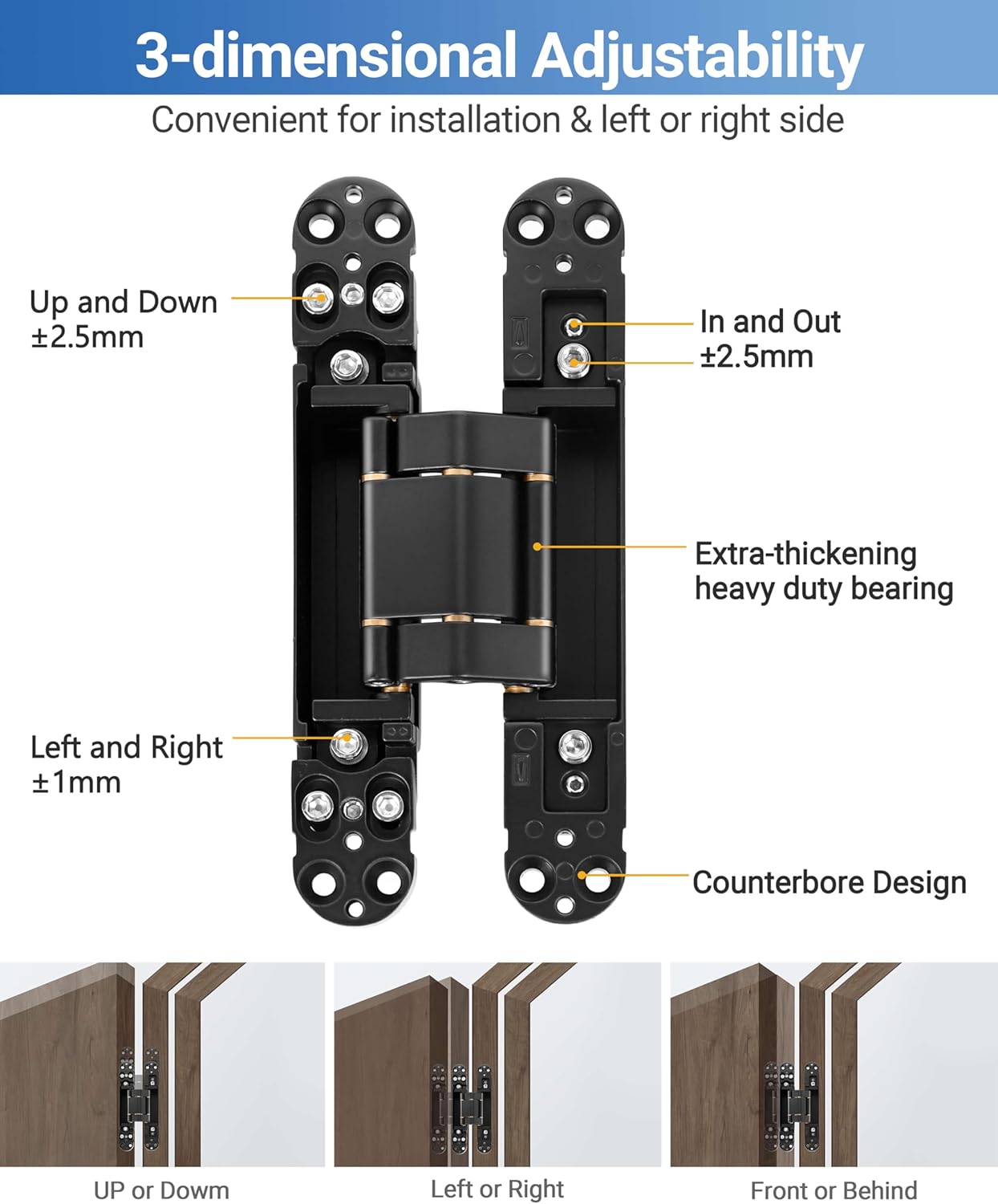 Invisible Door Hinges (2 pcs) -7 Inch Black Hidden Hinges for Doors, 3 Way Adjustable & 180 Deg Swing & Upgraded Copper Support Invisible Hinge, Heavy-Duty Concealed Door Hinges 177Lbs Load-Bearing