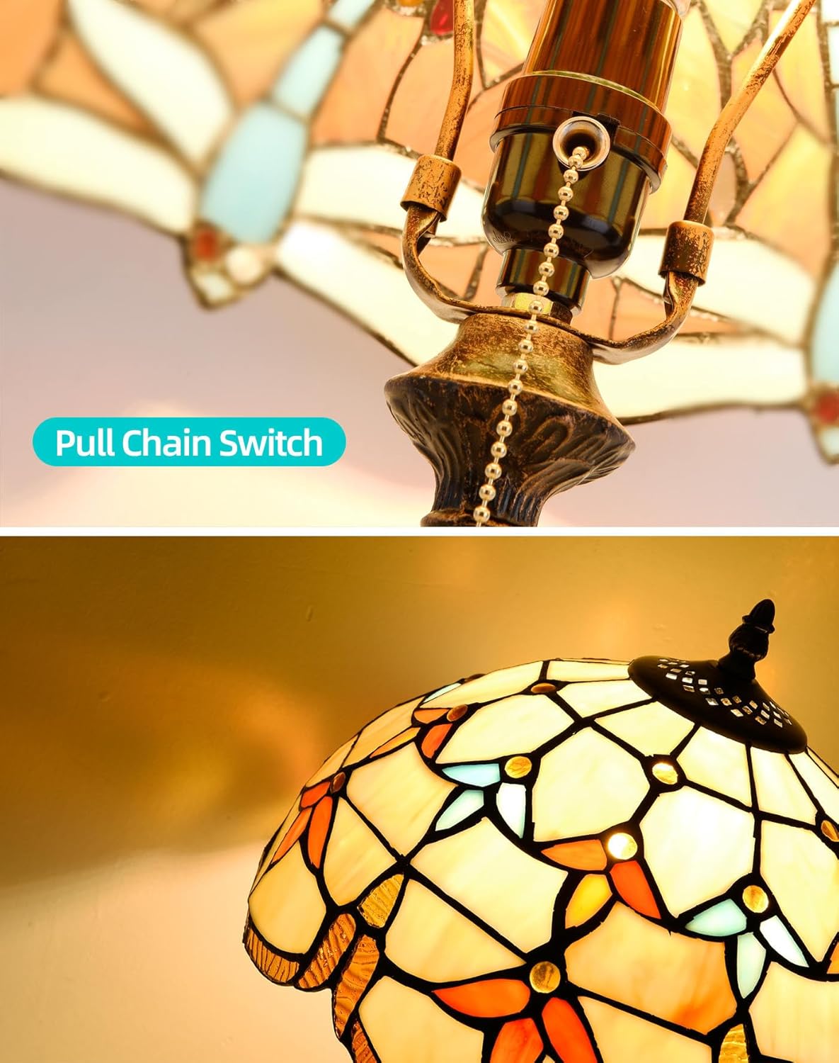 Tiffany Table Lamp, 12-inch Stained Glass Lamp for Living Room, Dining Room, Bedroom, Study Room, Office (Beige Baroque)