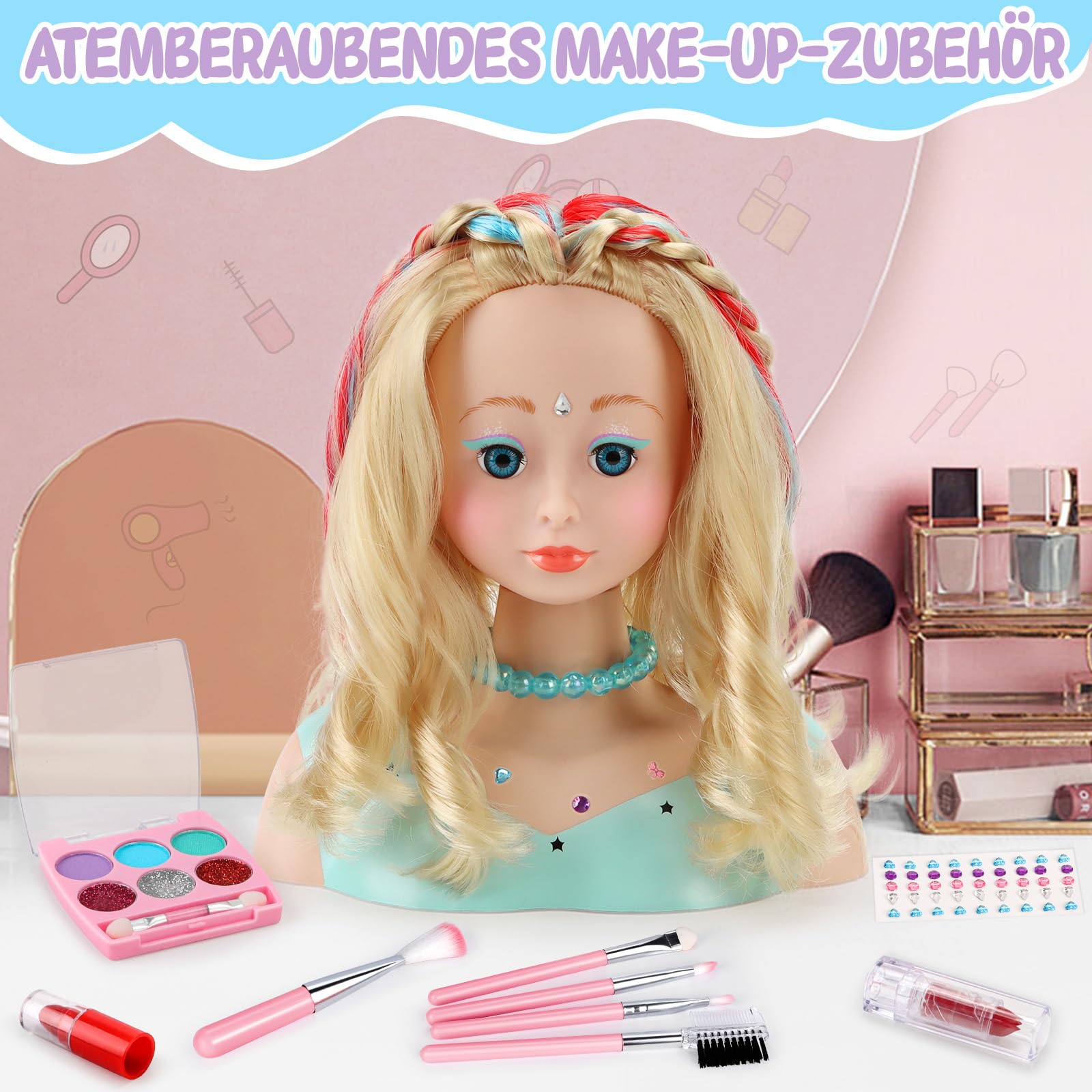 BuzzoXerex Cabeza Muñeca para Peinar y Maquillar, 58 Piezas Busto Muñeca Peinar y Maquillar, Cabeza de Peluquería para Niños, Cumpleaños para Niños a Partir de 3 Años (Multicolor)