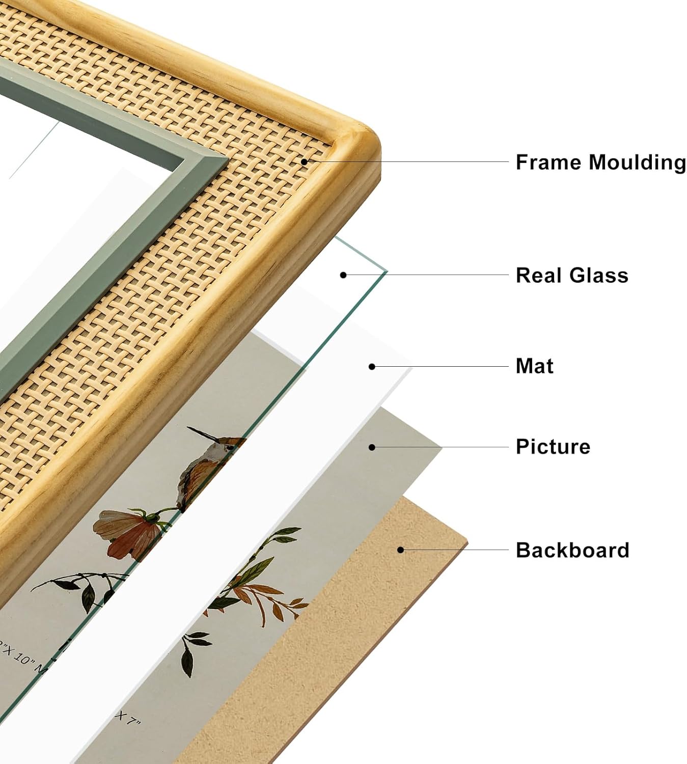 8x10 Picture Frame, Natural, Green and Rattan Trim, Pine Wood with Real Glass, Matted to 5x7, Vertical and Horizontal for Tabletop or Wall Hanging Display Photo Frame