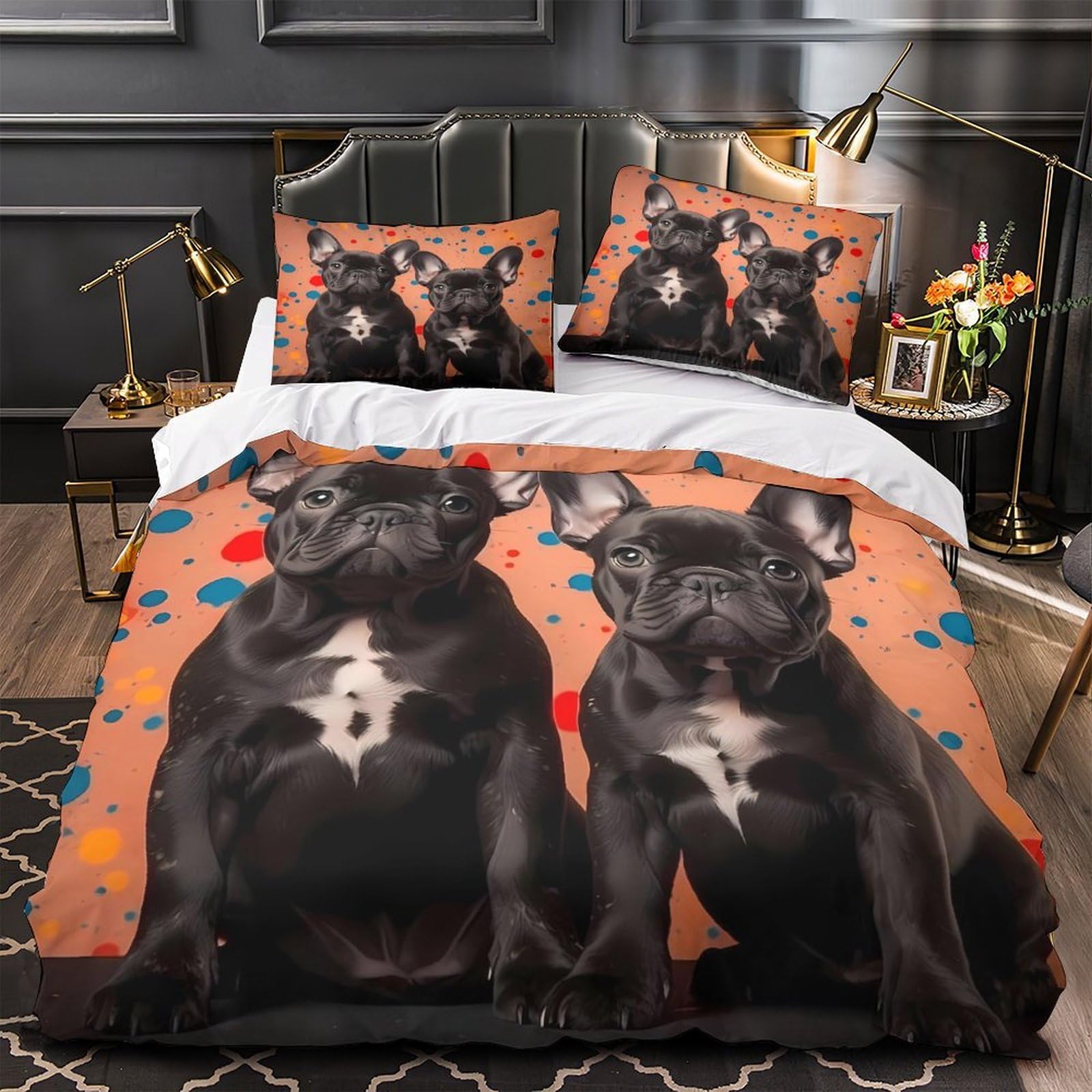 Housse de couette French Bulldog 220x240 cm parure de lit microfibre 3 pièces pour ado