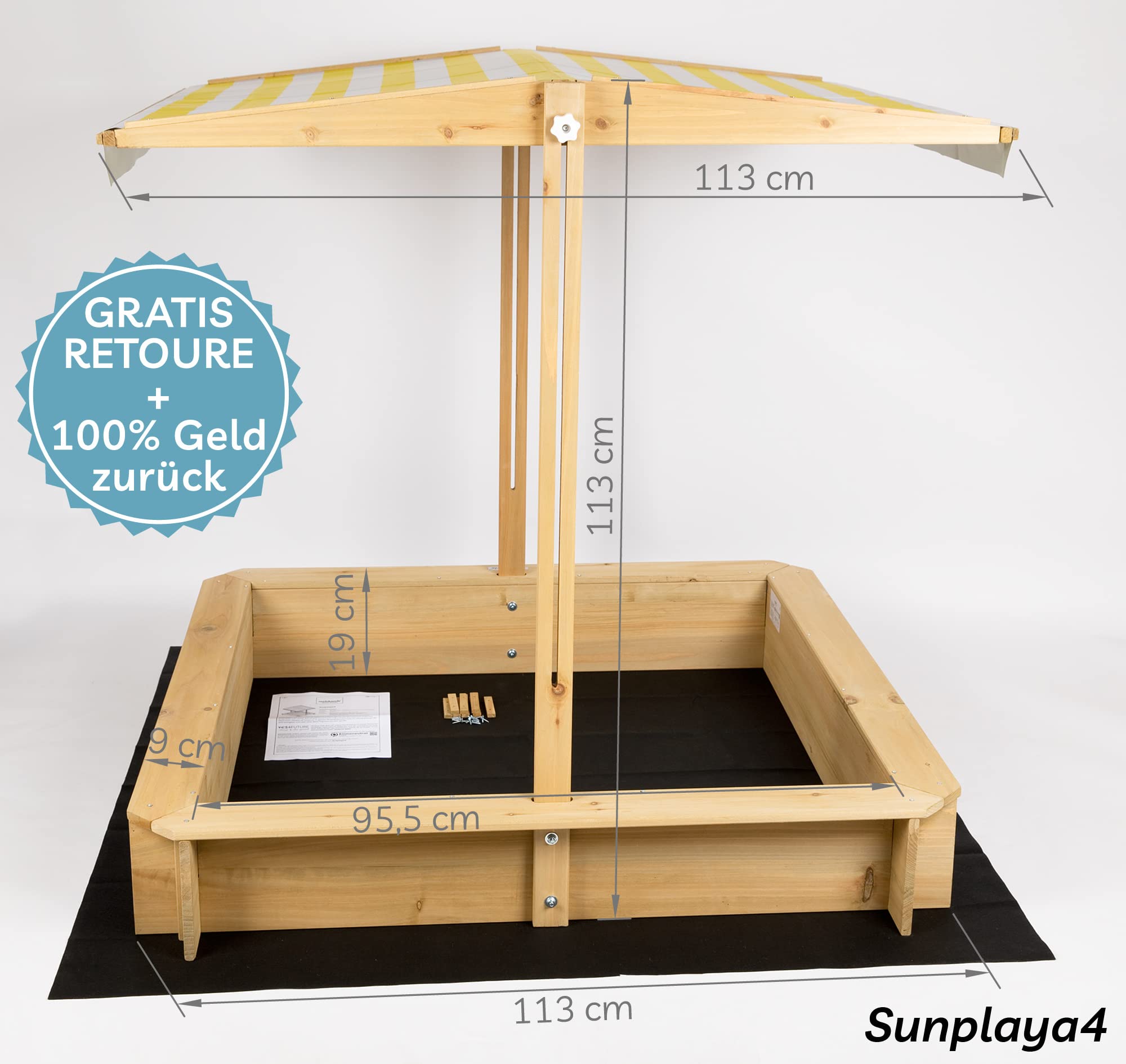 needs&wants® Sandkasten mit Dach Sitzbank und Boden Vlies-Folie, mit Abdeckung Oxford 600D, Sandkiste Holz rechteckig mit Bänken Outdoor Garten Kinder UV-Sonnenschutz, 113x113x113 cm, gelb weiß braun