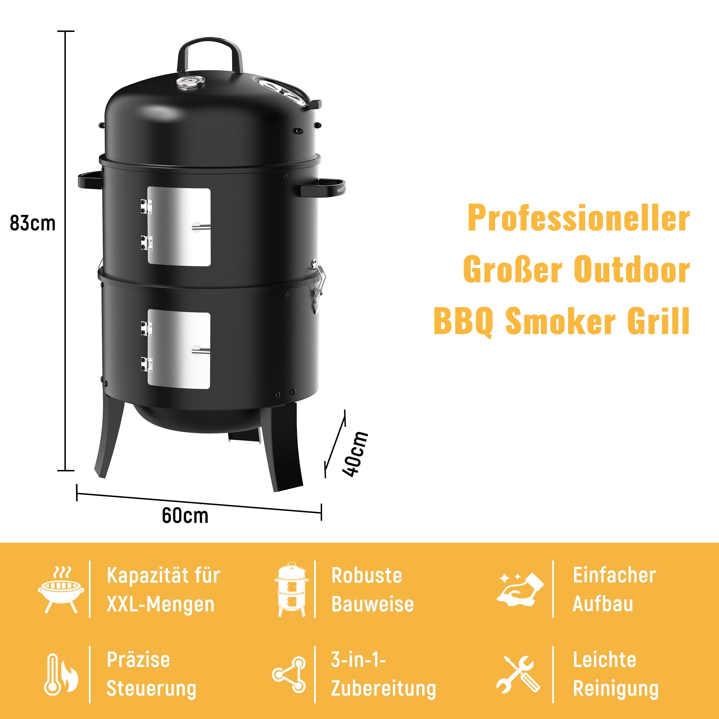 3-in-1 Smoker Grill, Räucherofen und Räuchertonne | Deckelthermometer, verstellbare Luftklappe, als Holzkohle Grill, Smoker und Feuerstelle Outdoor