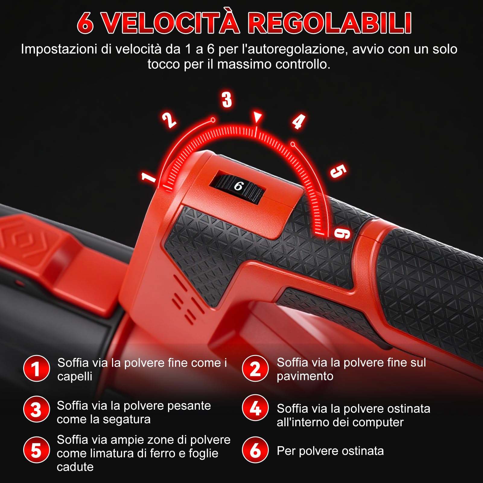 Soffiatore a Batteria 200km/h, 21V Soffiatore Foglie Elettrico Senza Filo con Batterie 1,3Ah, 6 Velocità, Max 21000RPM, 61m³/min, per Cura del Giardino, Vialetto, Foglie, Polvere e Neve