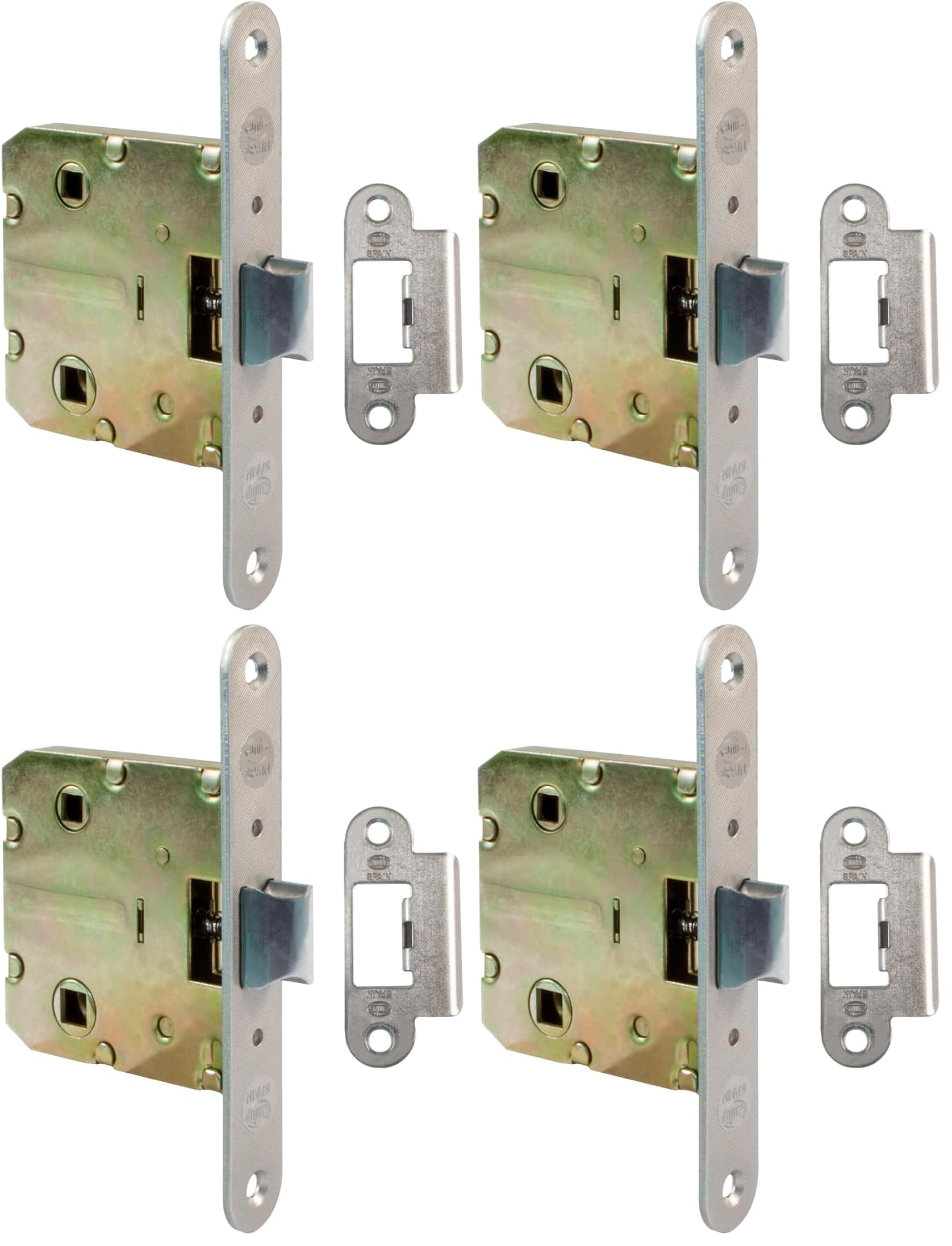 Amig - Picaporte Unificado para Puertas de Madera | Cerradura para Puerta Interior | Cierre de Embutir de Acero Latonado | Entrada 50 mm | Acabado: Cromado mate (Paquete de 4)