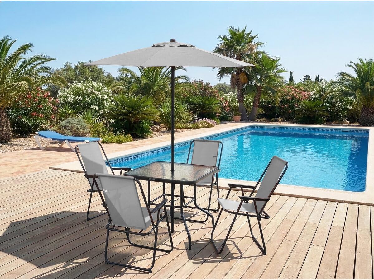 Salon de Jardin Repas avec Parasol en métal Convivia (Gris Clair, 4 Places)
