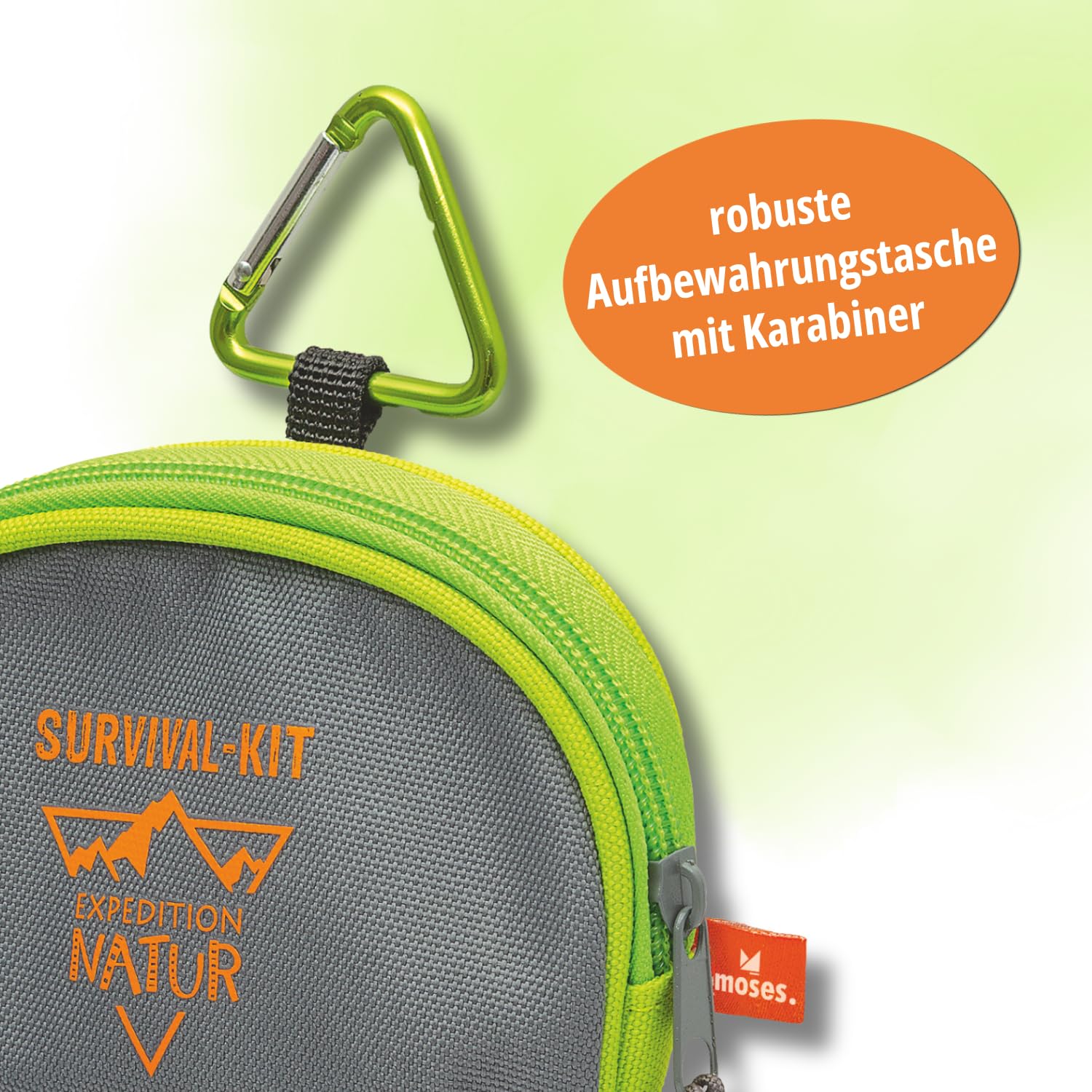 Moses. Expedition Natur Survival Kit para niños, Kit de Supervivencia para niños con Linterna, brújula, iniciador de Fuego, Silbato y Paracord, Juguete de Aventura Compacto con Bolsa con mosquetón