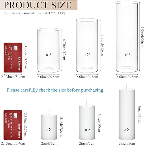 Miniatura 2 de Juego de 6 velas de pilar blancas con soportes de vidrio transparente para huracanes, elegantes jarrones cilíndricos para bodas, fiestas, centros de